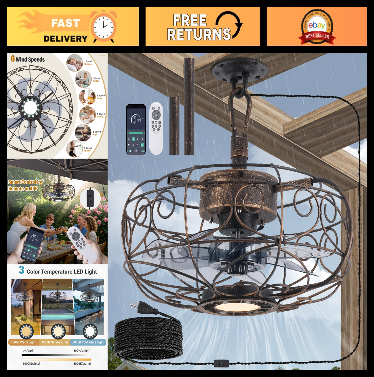 15" Outdoor Ceiling Fan with Light, Remote/APP Control, 6 Speeds, Caged Design f0