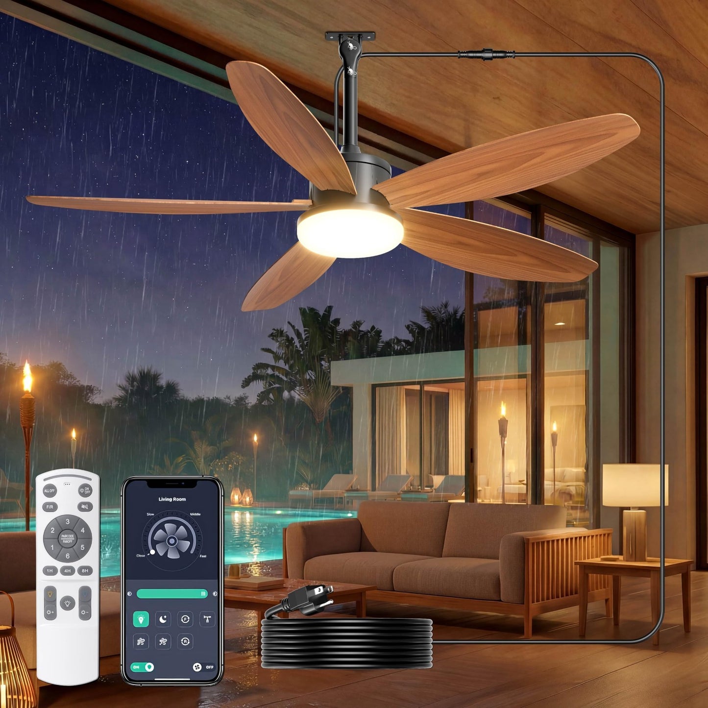 42" Waterproof Outdoor Ceiling Fan with Lights, Remote Control, Quiet DC Motor,1