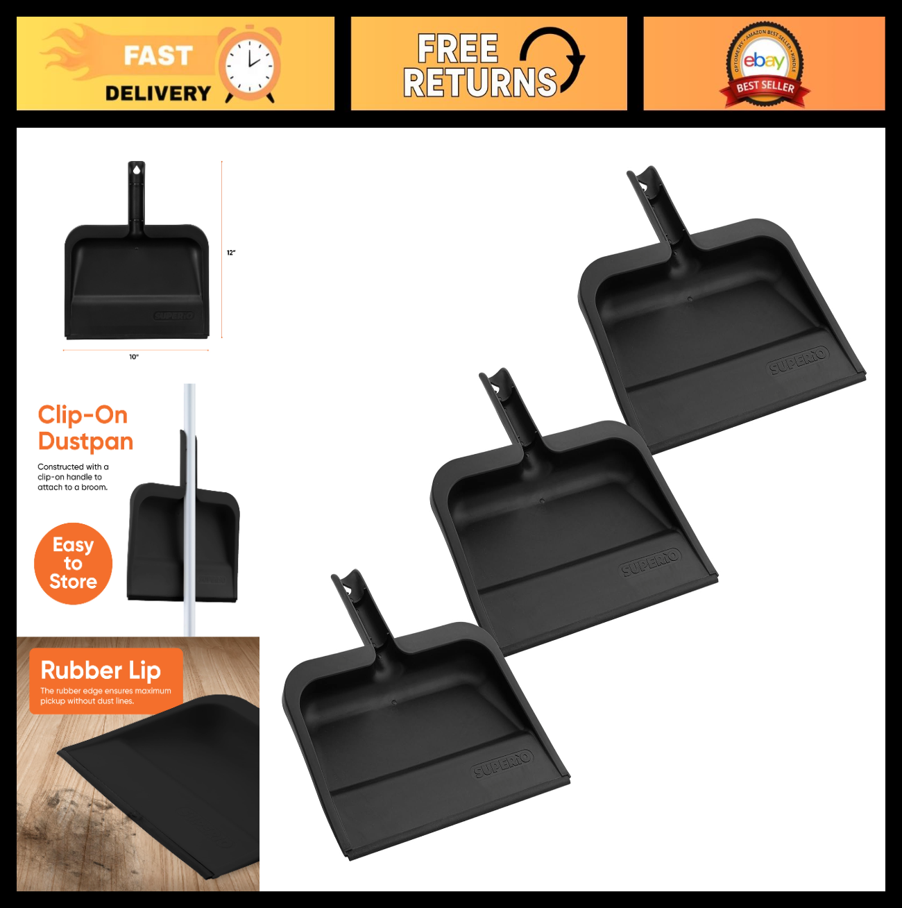 10" Clip-On Dustpan with Rubber Lip - Durable Plastic, Comfort Grip Handle, 3-Pa0