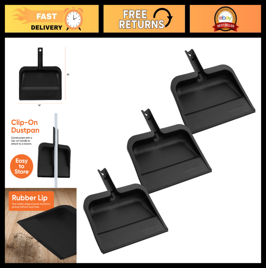 10" Clip-On Dustpan with Rubber Lip - Durable Plastic, Comfort Grip Handle, 3-Pa0