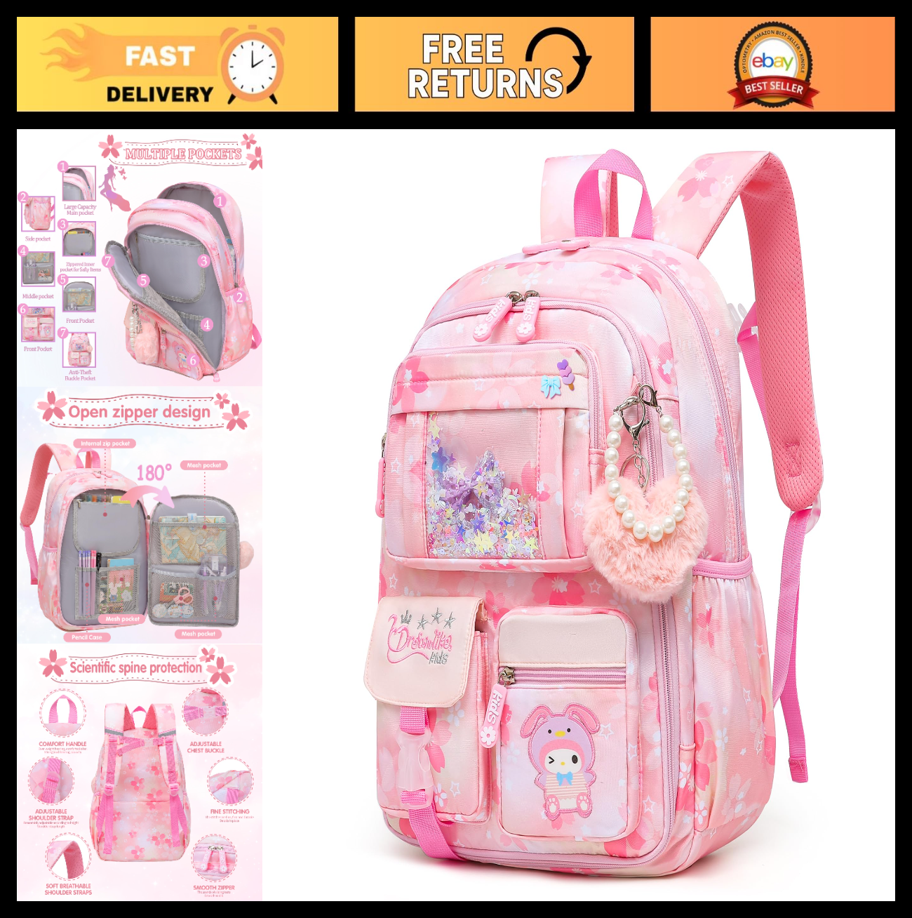 Stylish Girls School Backpack   17" Pink Book Bag with Multiple Pockets, Splash 0