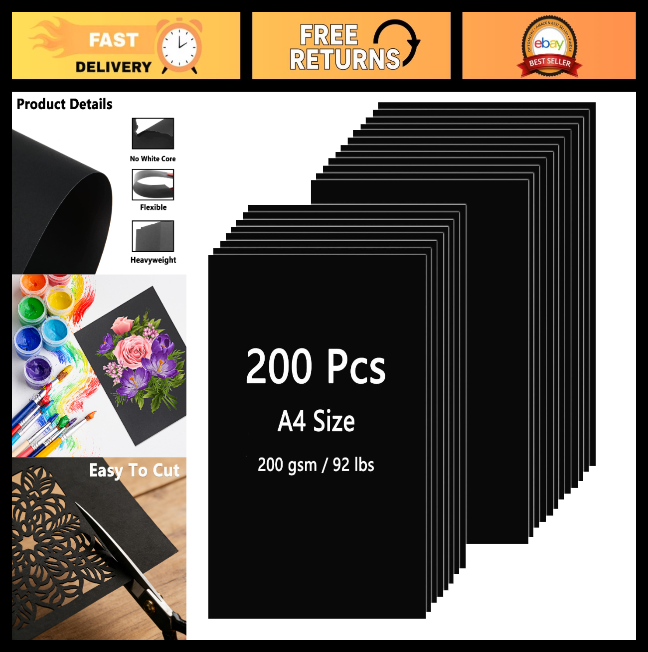 200 Sheets Black Cardstock 8.5x11" 92lb Heavyweight Paper for Scrapbooking, DIY0