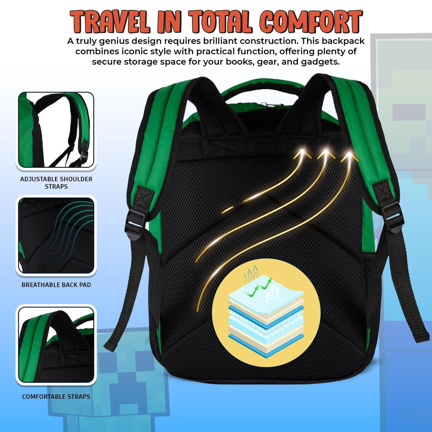 Minecraft Creeper Backpack for Kids, Big Face School Bag with Front Pocket & TNT5
