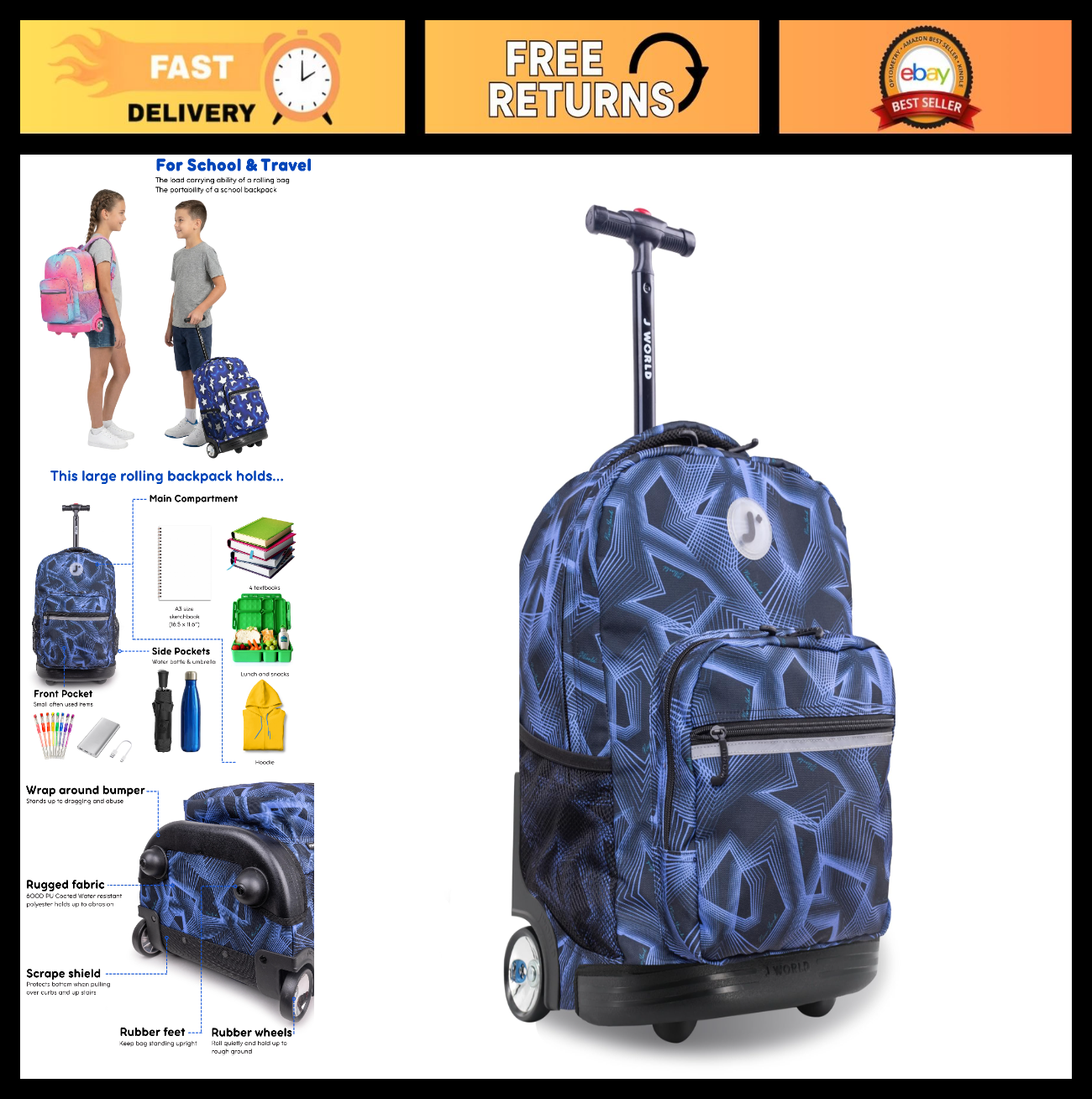 Kids Rolling Backpack with Wheels, School Roller Bookbag for Girls & Boys, 18" x0