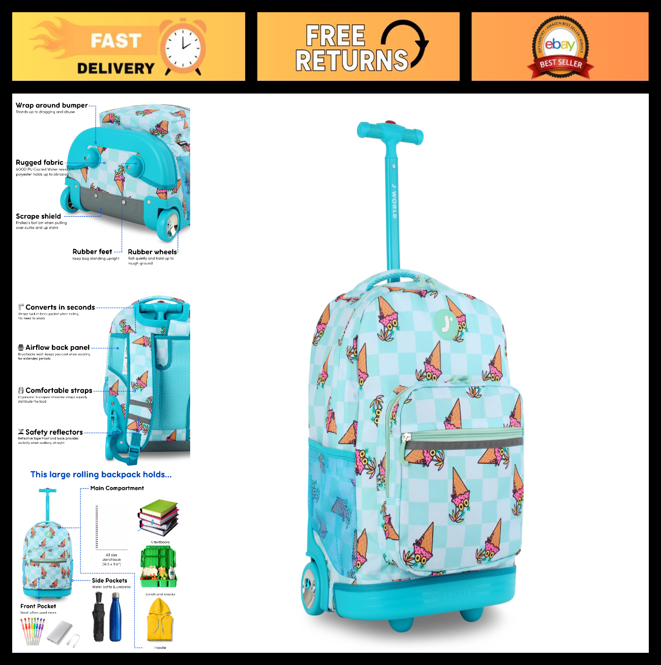 Kids Rolling Backpack with Wheels, 18x13x9, Ice Cone Design, School Bookbag for0