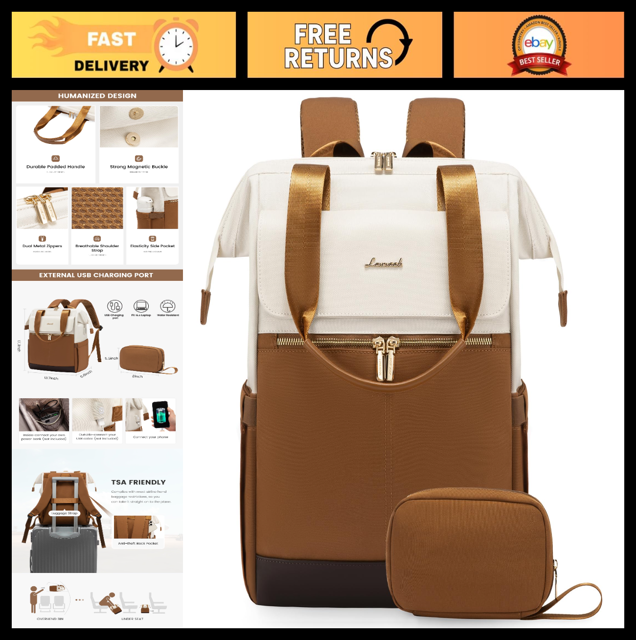 Stylish 15.6" Laptop Backpack for Women, USB Port, Waterproof Travel Bag, Organi0