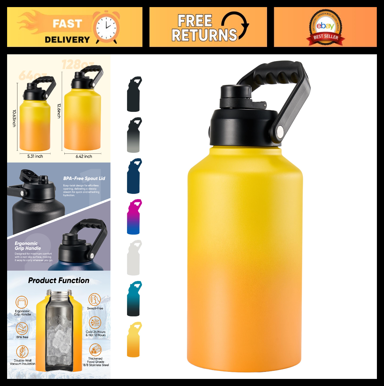 128oz Insulated Water Jug - Stainless Steel Gallon Bottle with Handle, Leakproof0