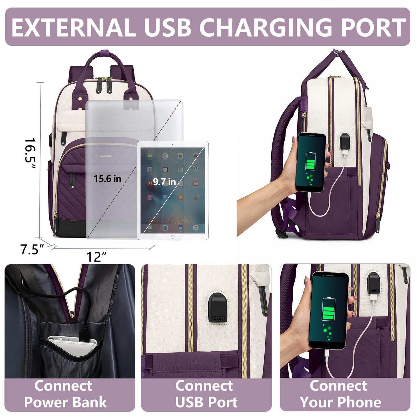 Stylish 15.6" Laptop Backpack for Women   Waterproof USB Charging College Bag, A3