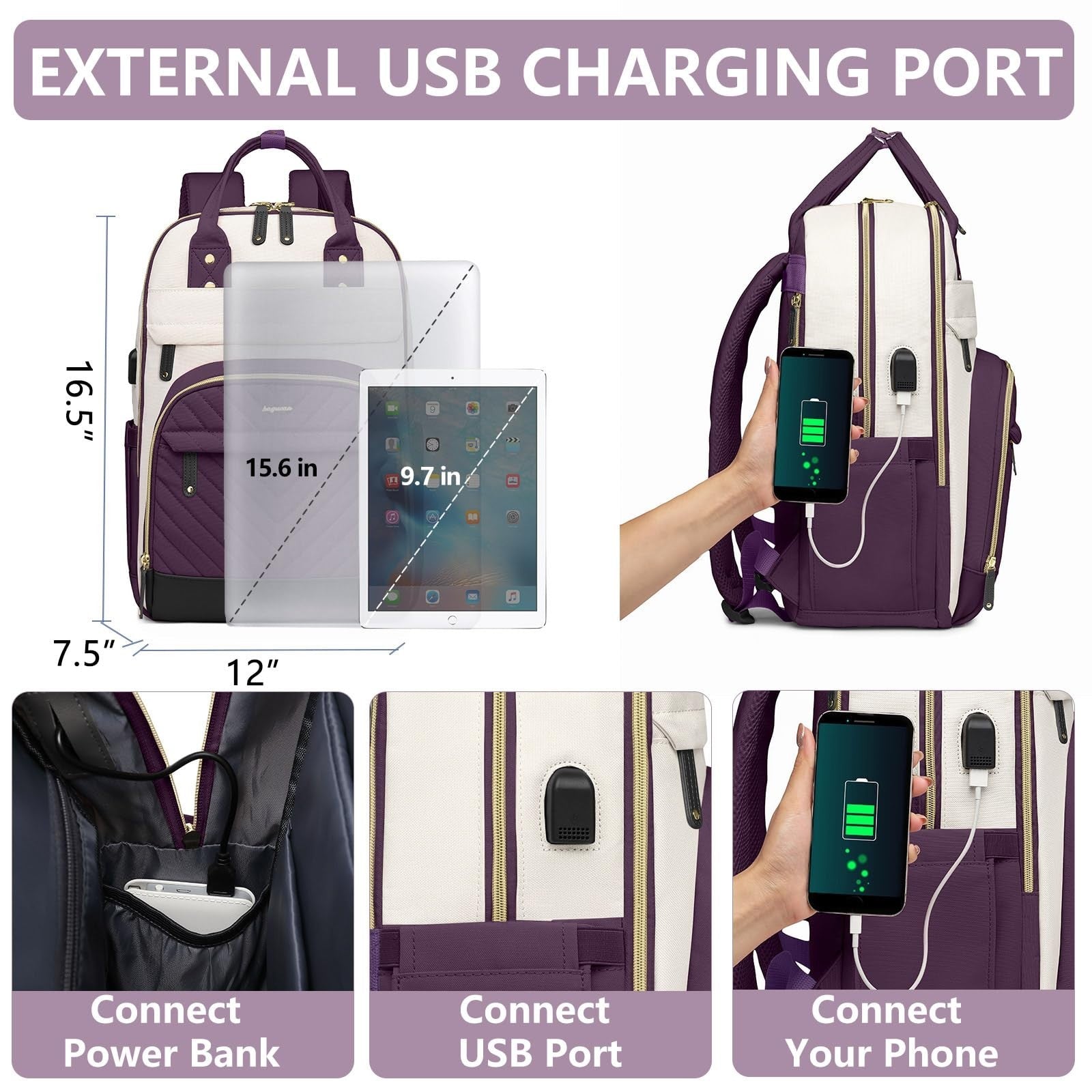 Stylish 15.6" Laptop Backpack for Women   Waterproof USB Charging College Bag, A3