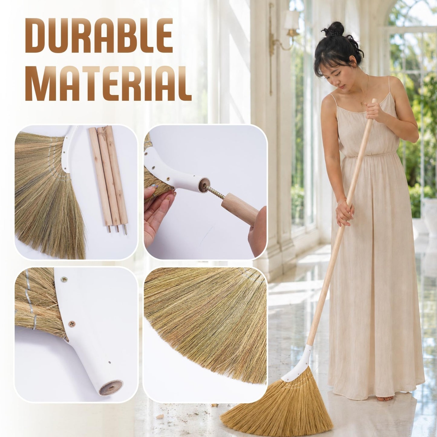 Natural Indoor Grass Broom - Long Handle Broom for Home, Garage, Office & Kitche3
