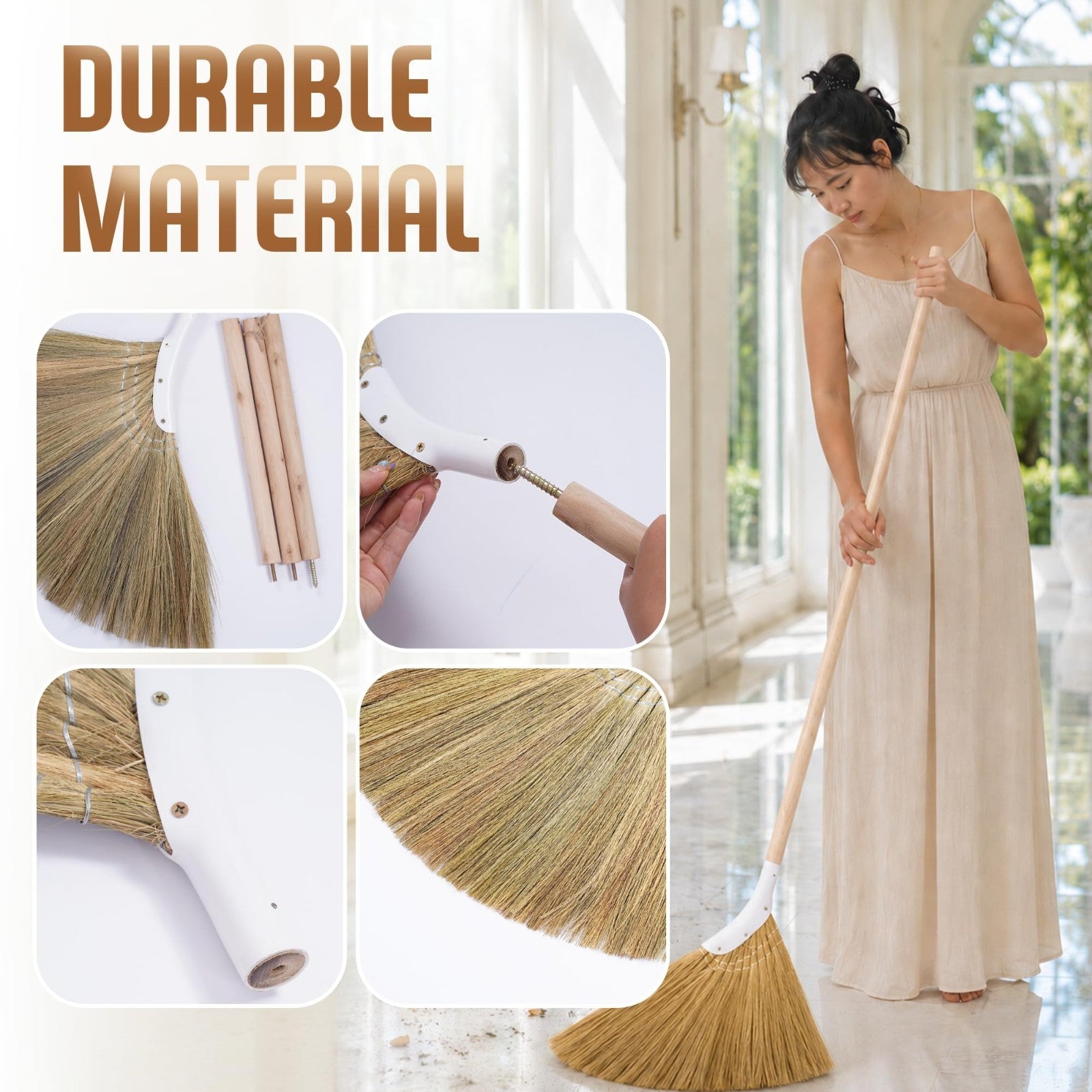 Natural Indoor Grass Broom - Long Handle Broom for Home, Garage, Office & Kitche3