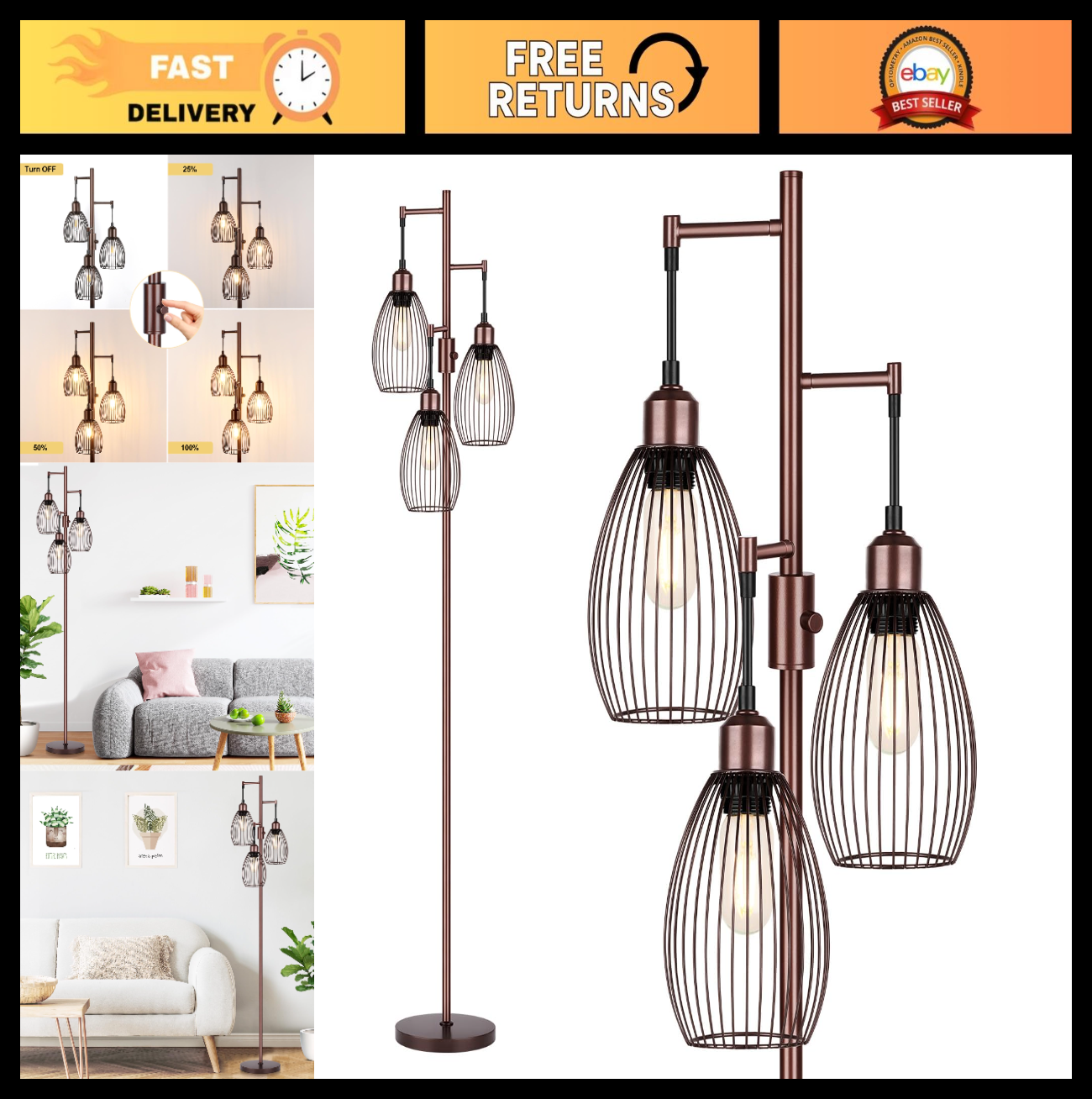 Dimmable Floor Lamp with 3 LED Edison Bulbs, Industrial Teardrop Design for Home0