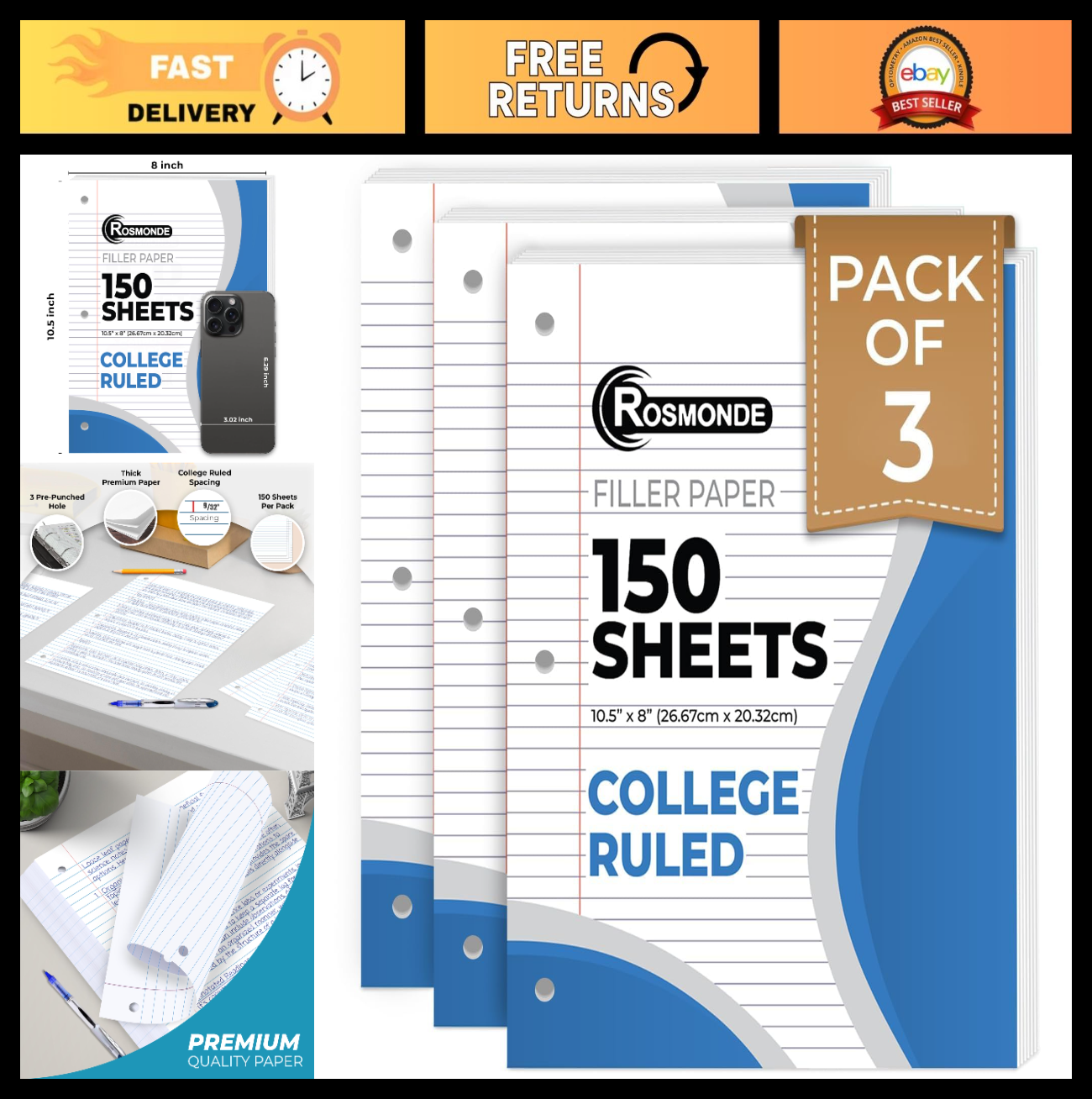 450 Sheets College Ruled Loose Leaf Paper, 3 Pack, 8" x 10.5", 3 Hole Punched Fi0