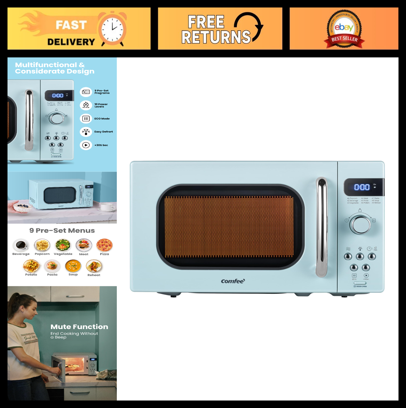 Retro Microwave Oven 0.7 Cu.Ft 700W Green   9 Preset Menus, Compact Kitchen Appl0