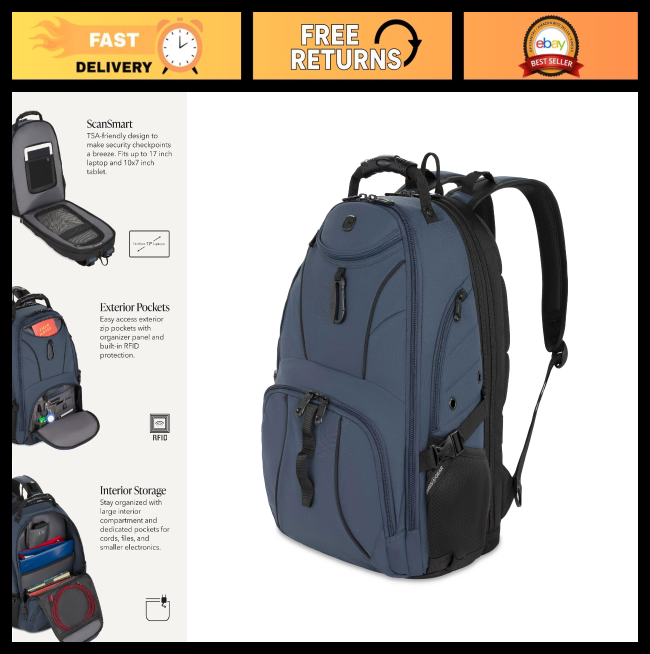 Large TSA Friendly Laptop Backpack for 17" Laptops, RFID Protection, Tablet Pock0