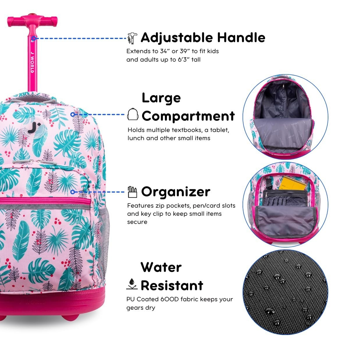 Rolling Backpack with Wheels, Palm Leaves Print, Lightweight Travel Bag, School5