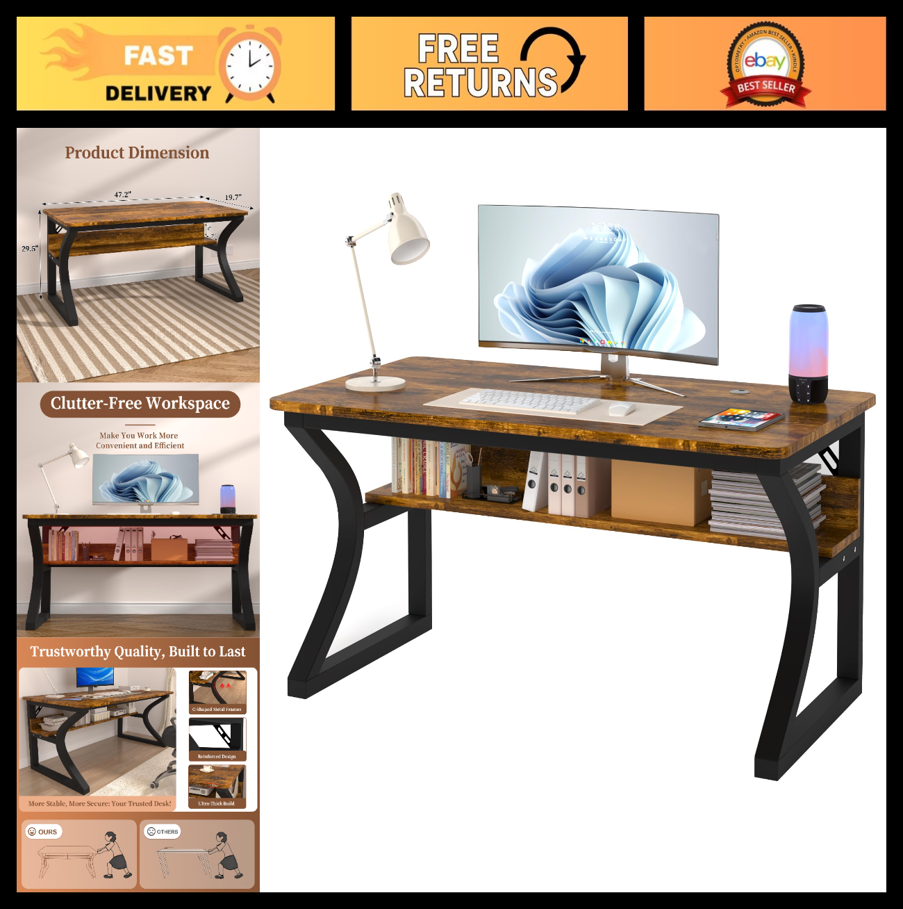 47x20 Inch Computer Desk with Storage, Sturdy Metal Frame, Rustic Brown, Home Of0