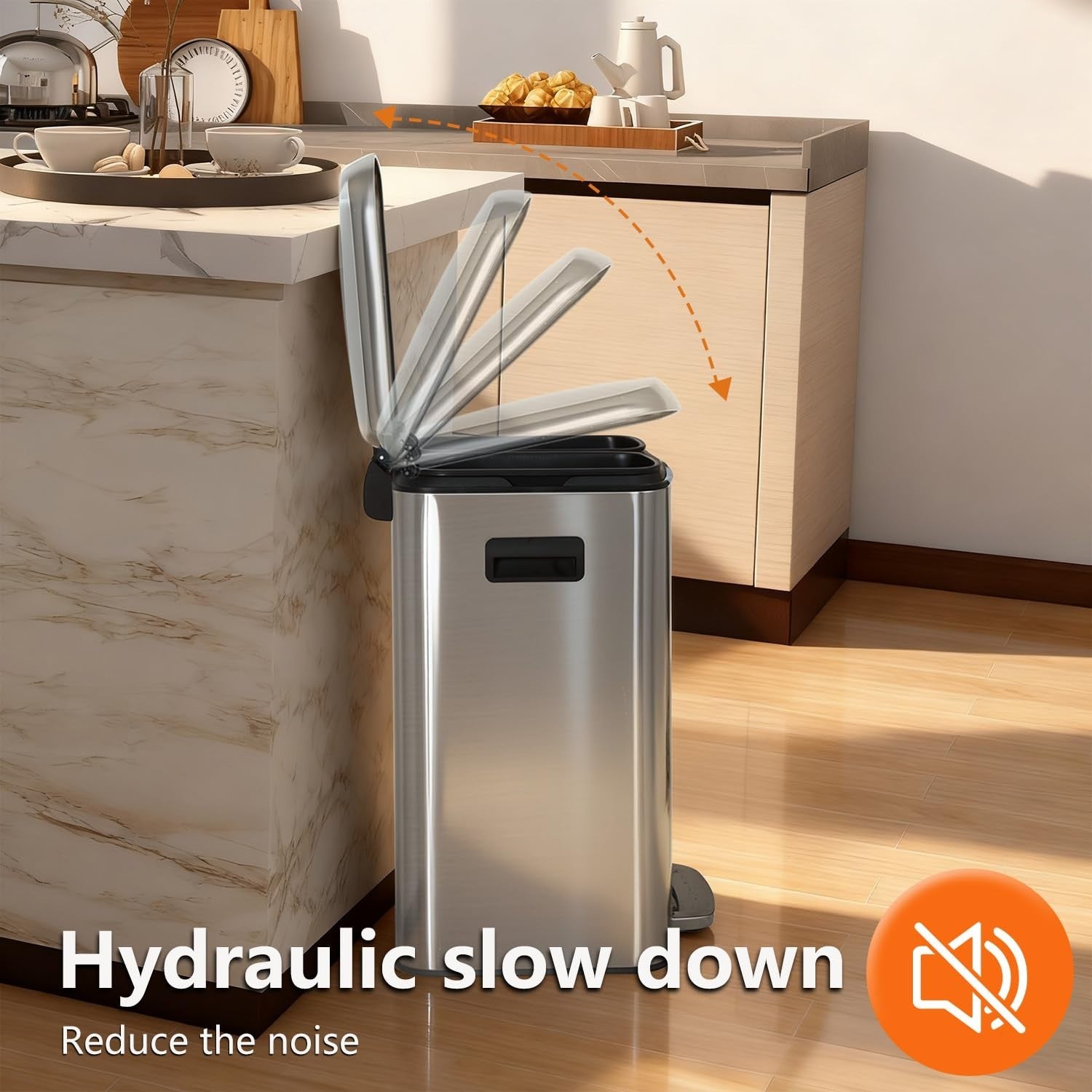 Dual Compartment Trash Can with Lid, Removable Inner Bucket, Foot Pedal, Soft Cl3