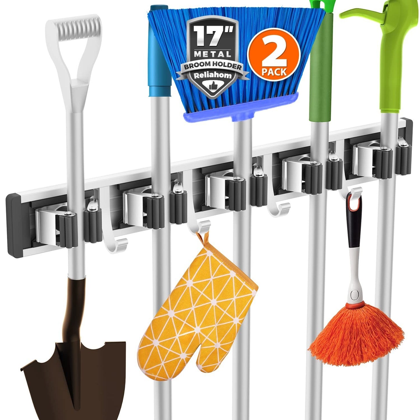 Wall Mount Broom Holder & Mop Hanger Organizer - 5 Racks & 4 Hooks, 2 Pack1