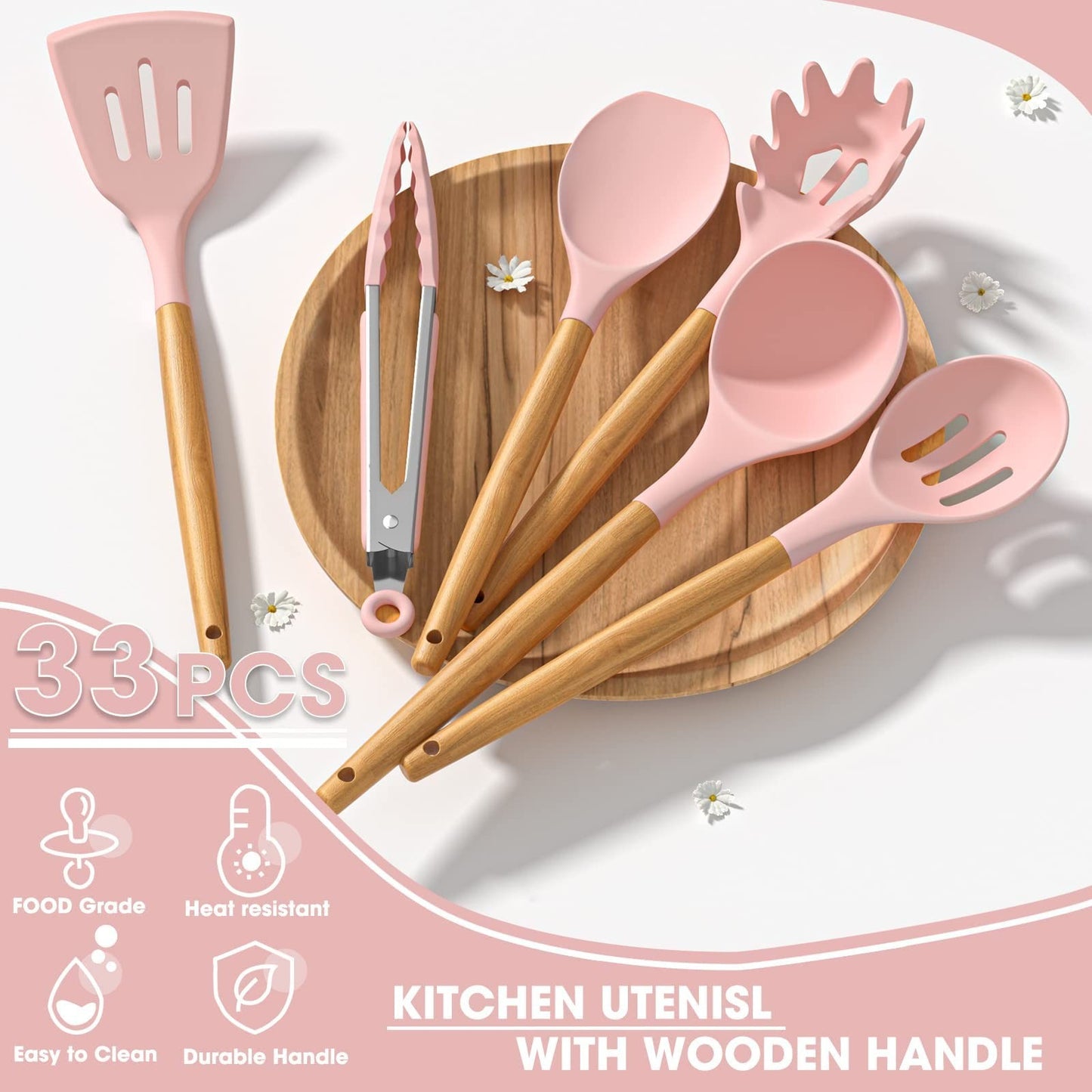 33 Piece Silicone Kitchen Utensils Set with Stand, Non Stick, Wooden Handle, Pin5