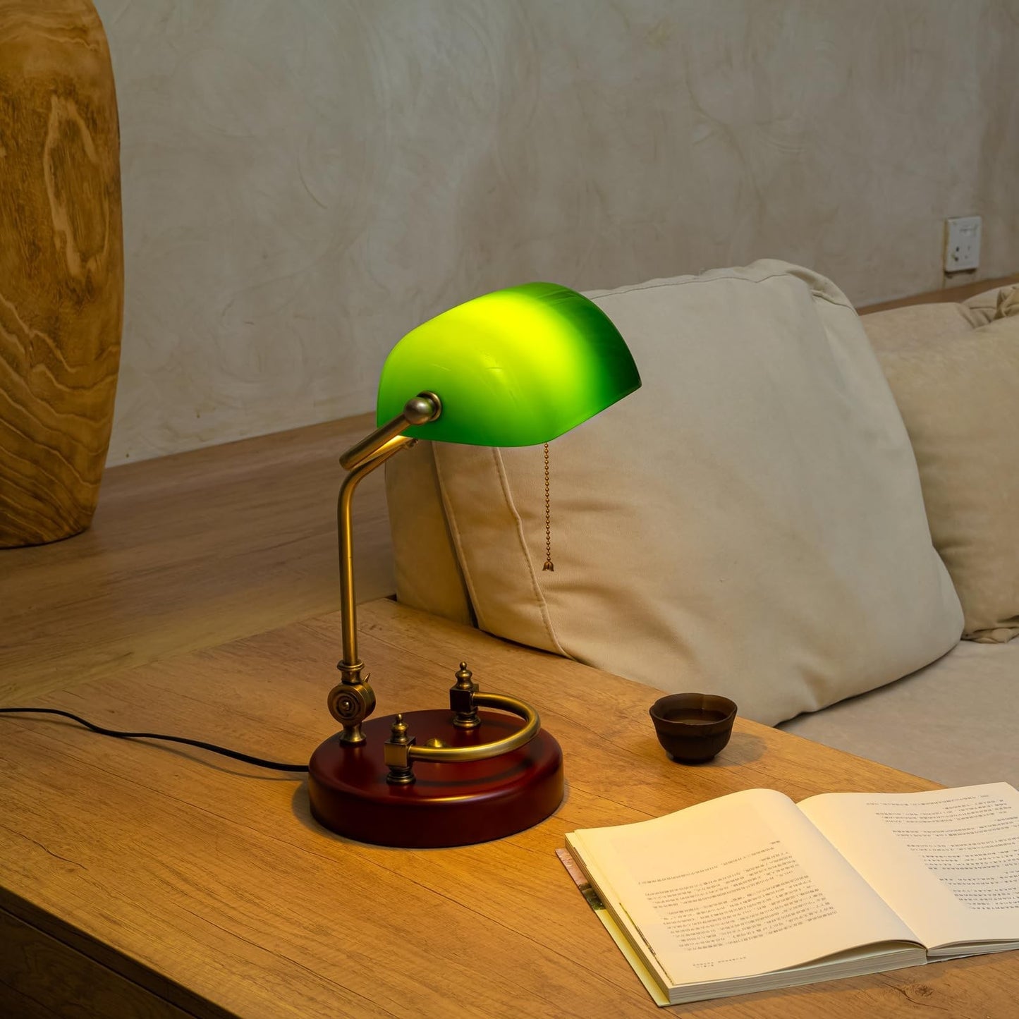 Vintage Green Glass Bankers Desk Lamp with Solid Wood Base, Pull Chain Switch, E3