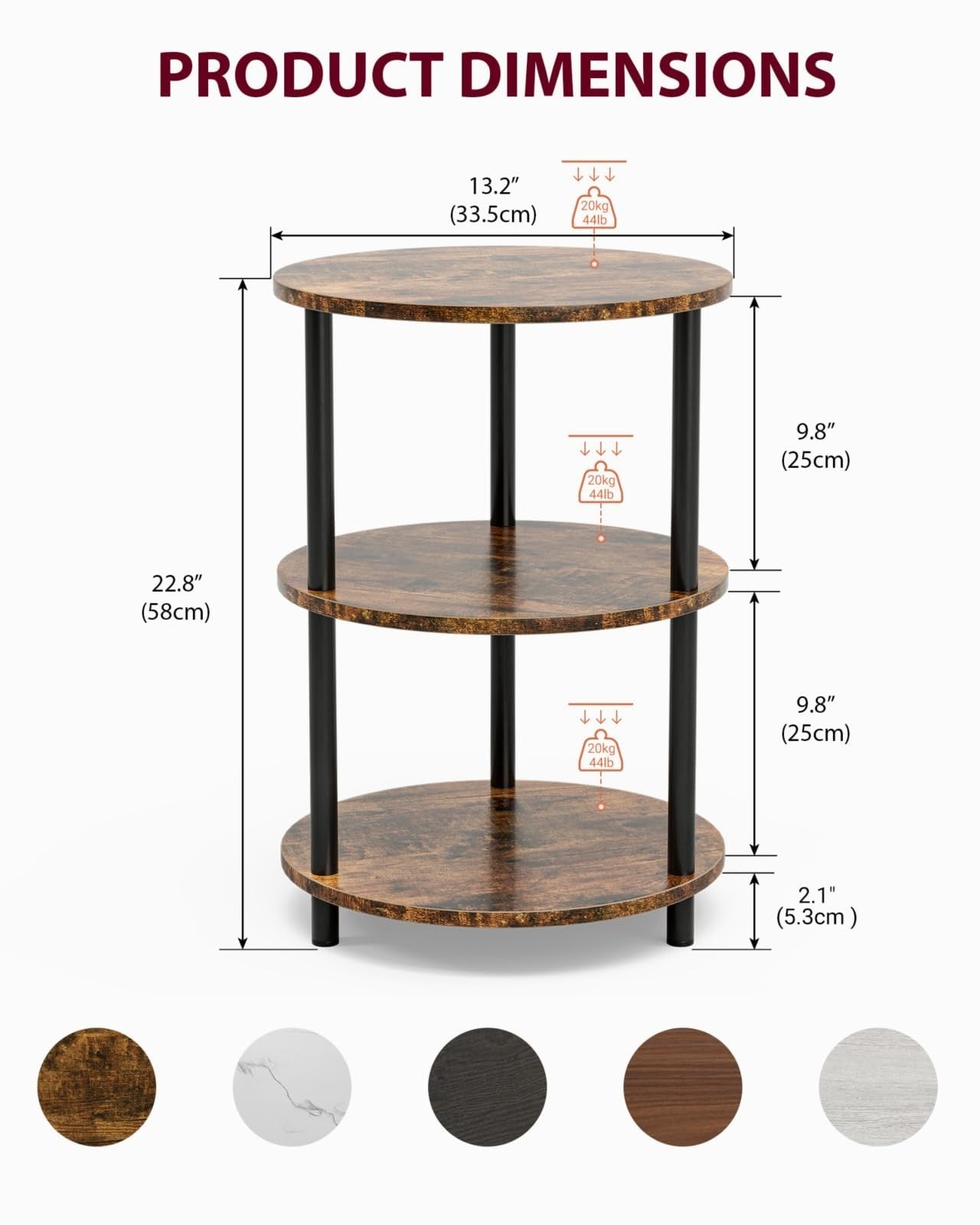 Small Round Coffee Table - 3 Tier Accent Table, Industrial Vintage Nightstand fo2