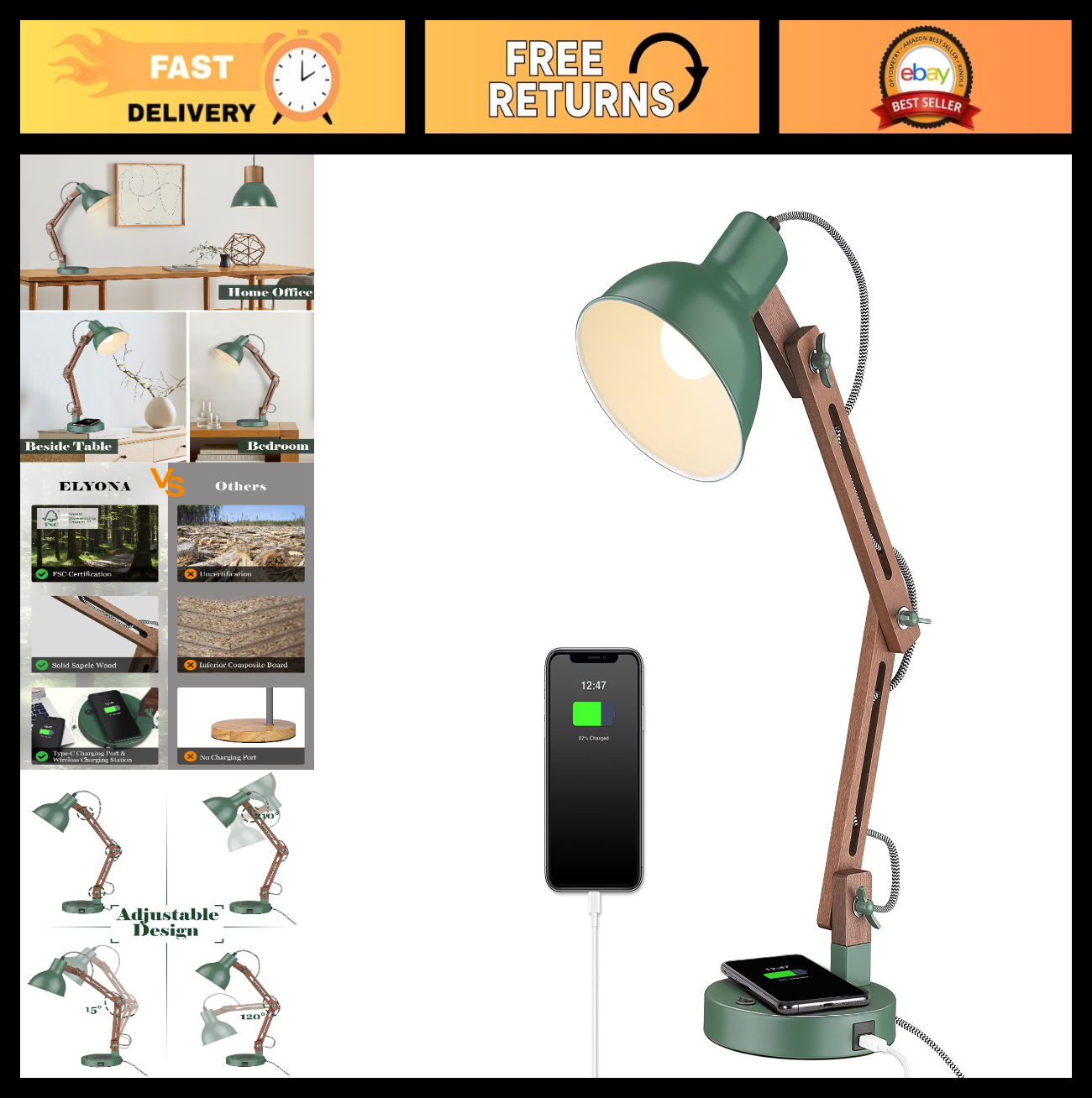 LED Desk Lamp with Wireless Charger & USB C Port, Swing Arm Reading Light for Ho0