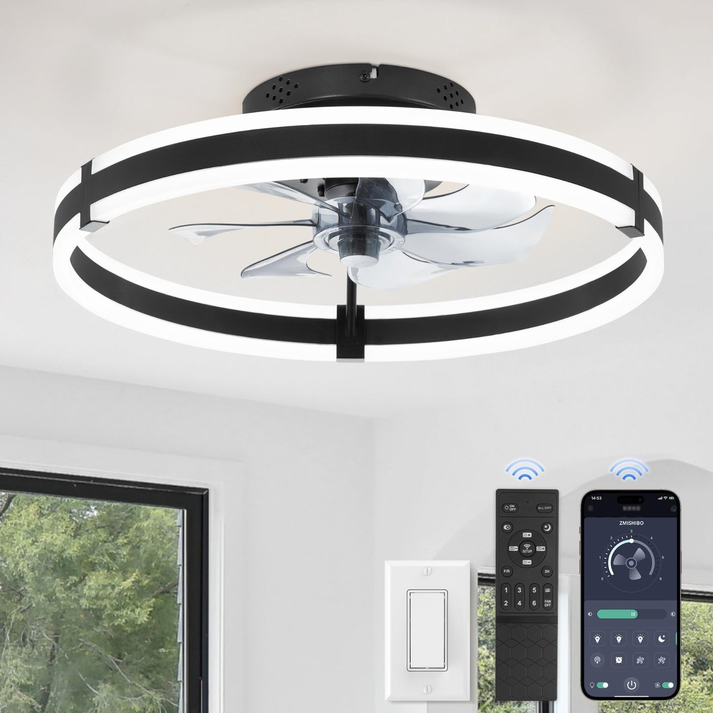 Low Profile 19.7'' Ceiling Fan with Lights & Remote, Dimmable LED, Quiet Motor,1