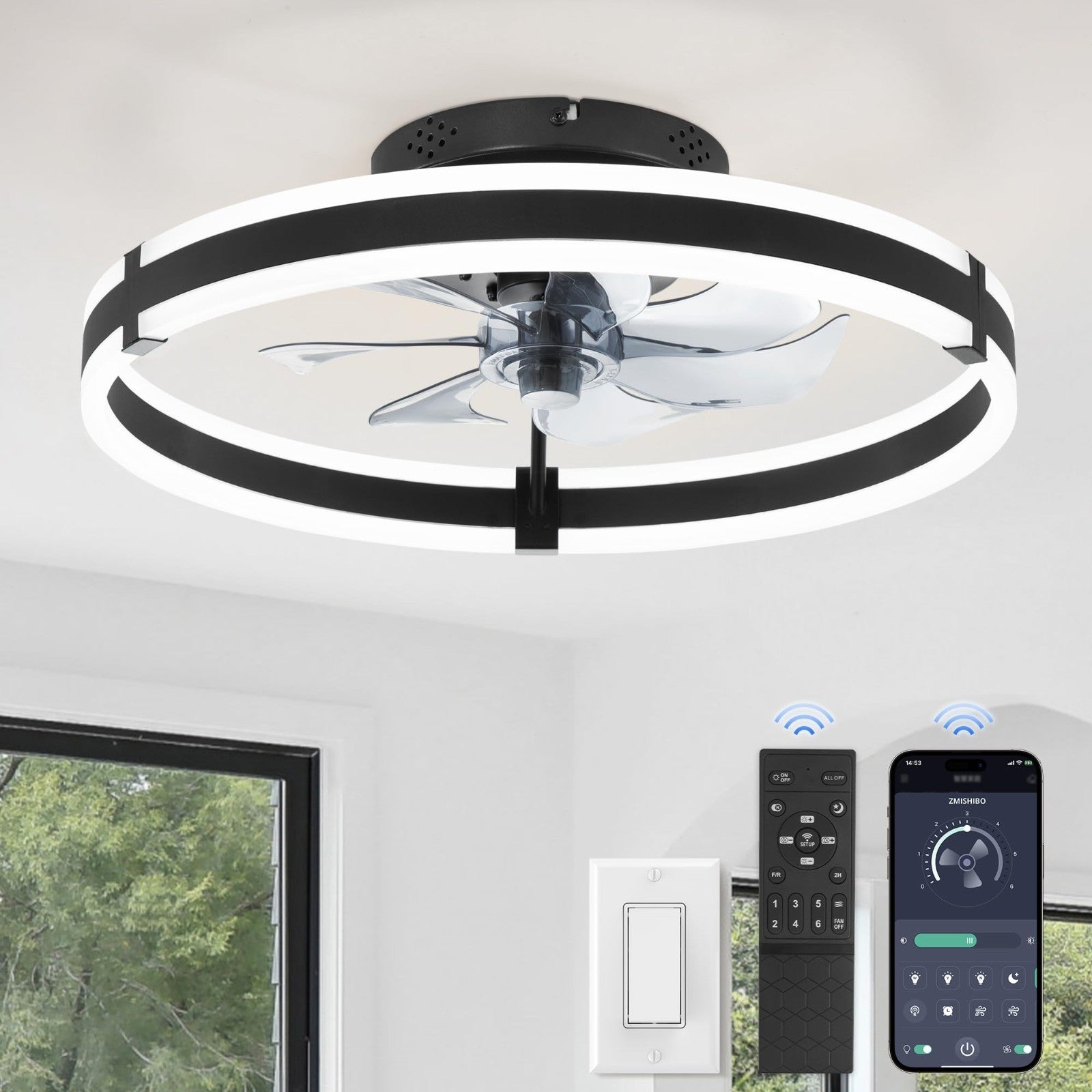 Low Profile 19.7'' Ceiling Fan with Lights & Remote, Dimmable LED, Quiet Motor,1