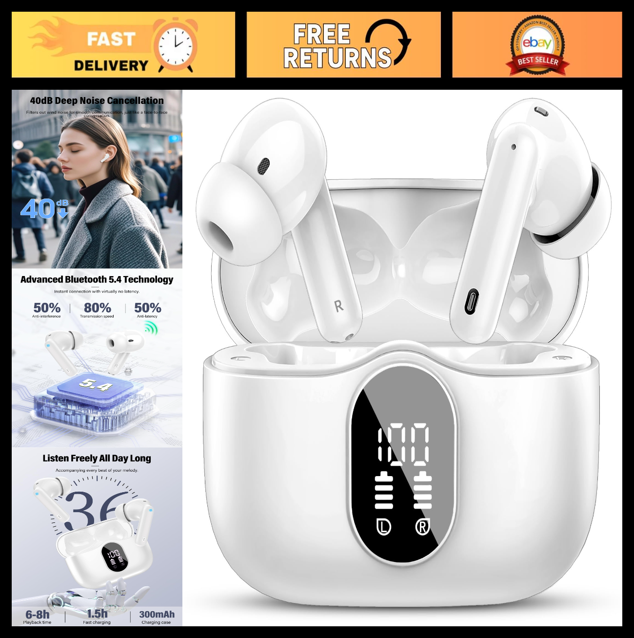 Wireless Bluetooth 5.4 Earbuds, Noise Cancelling, 36H Playtime, IP7 Waterproof,0
