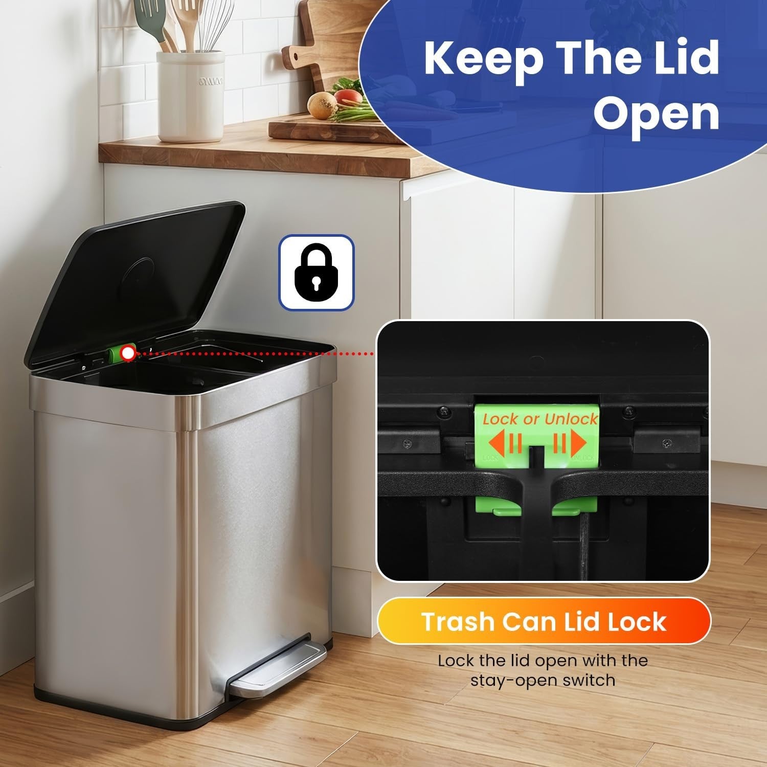 Dual Compartment 60L Stainless Steel Trash Can with Soft-Close Lid & Removable B3
