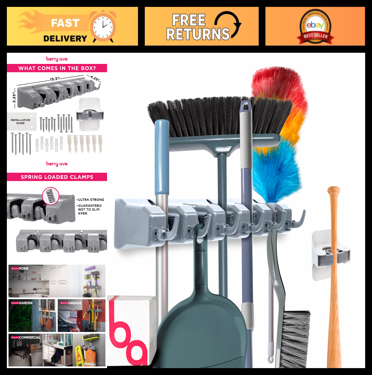 5 Slot Broom Holder & Mop Gripper - Wall Mount Tool Organizer, No-Drill, Anti-Sl0