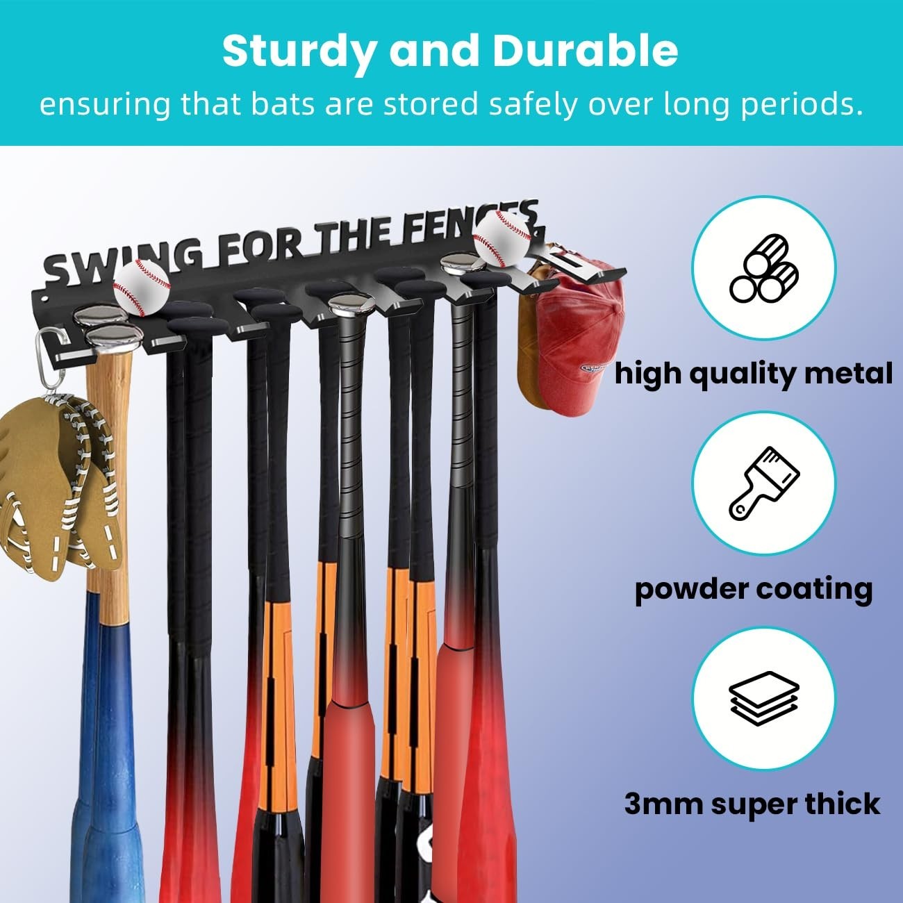 Heavy Duty Baseball Bat Storage Rack   Wall Mount Organizer for 14 Bats, Hooks I3