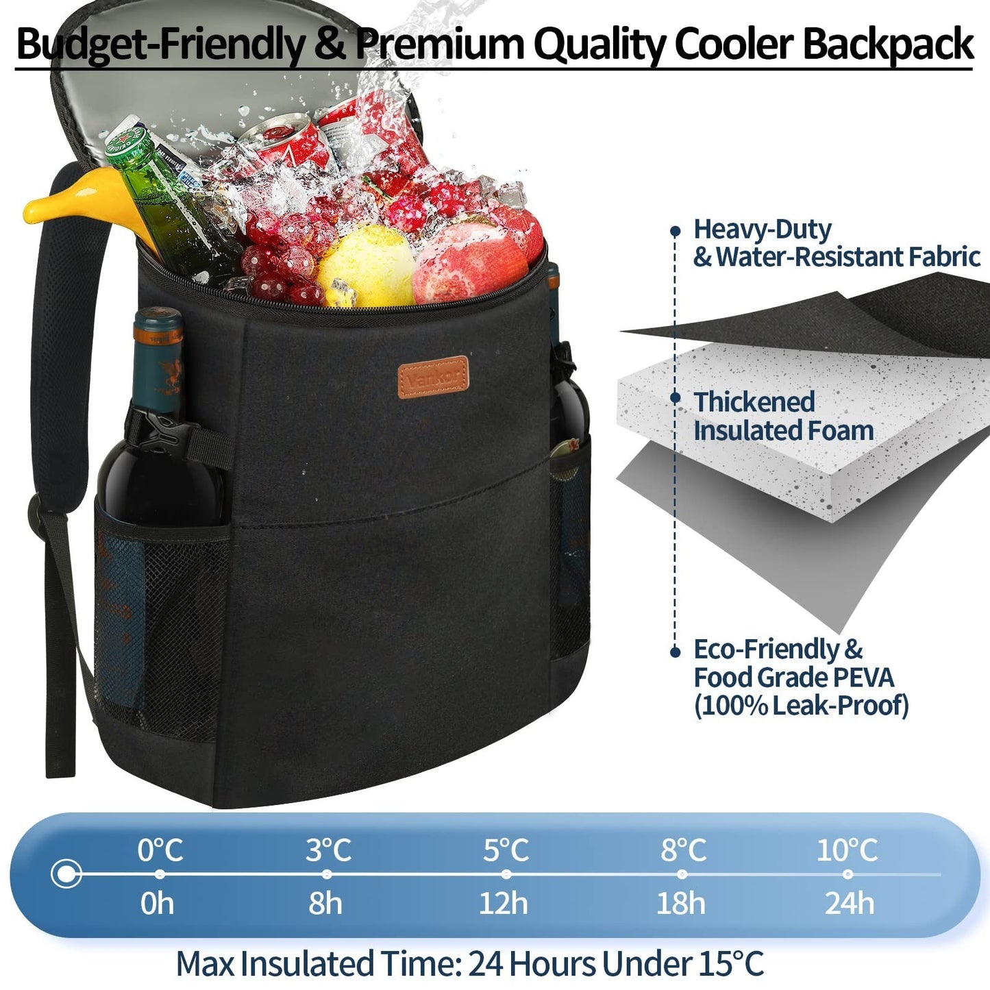 Insulated Camping Cooler Backpack - Holds 30-45 Cans, Waterproof, Leak-Proof, Pe3