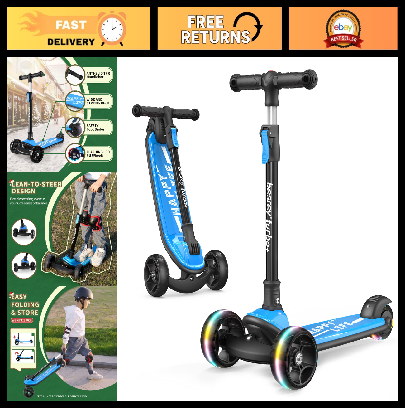 3-Wheel Kids Scooter Ages 3-10, Adjustable Height, Safe & Sturdy Design0