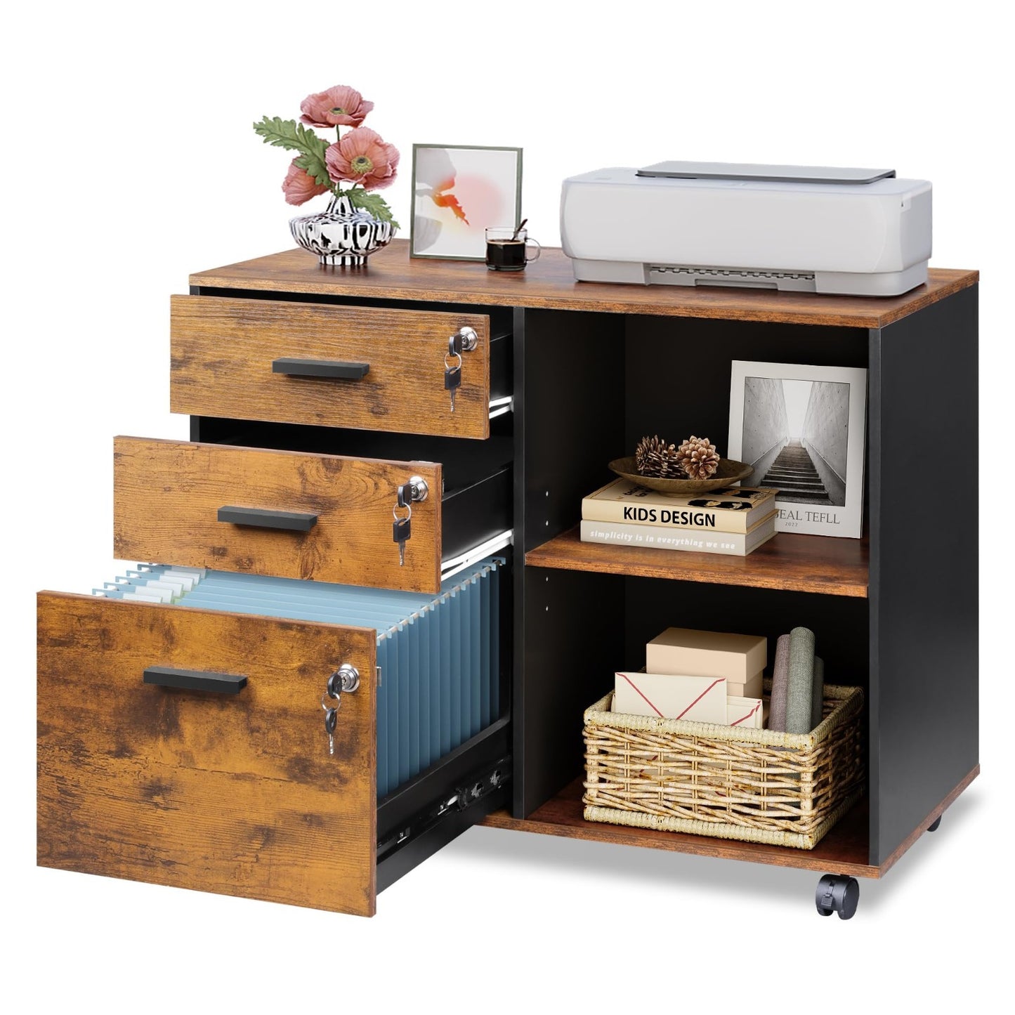 3 Drawer Locking File Cabinet, Rustic Wood Office Storage, Rolling Printer Stand1