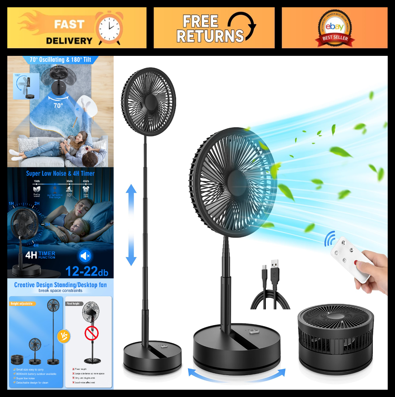 Portable Foldable Oscillating Fan   8.6" Rechargeable Battery USB C Remote Quiet0
