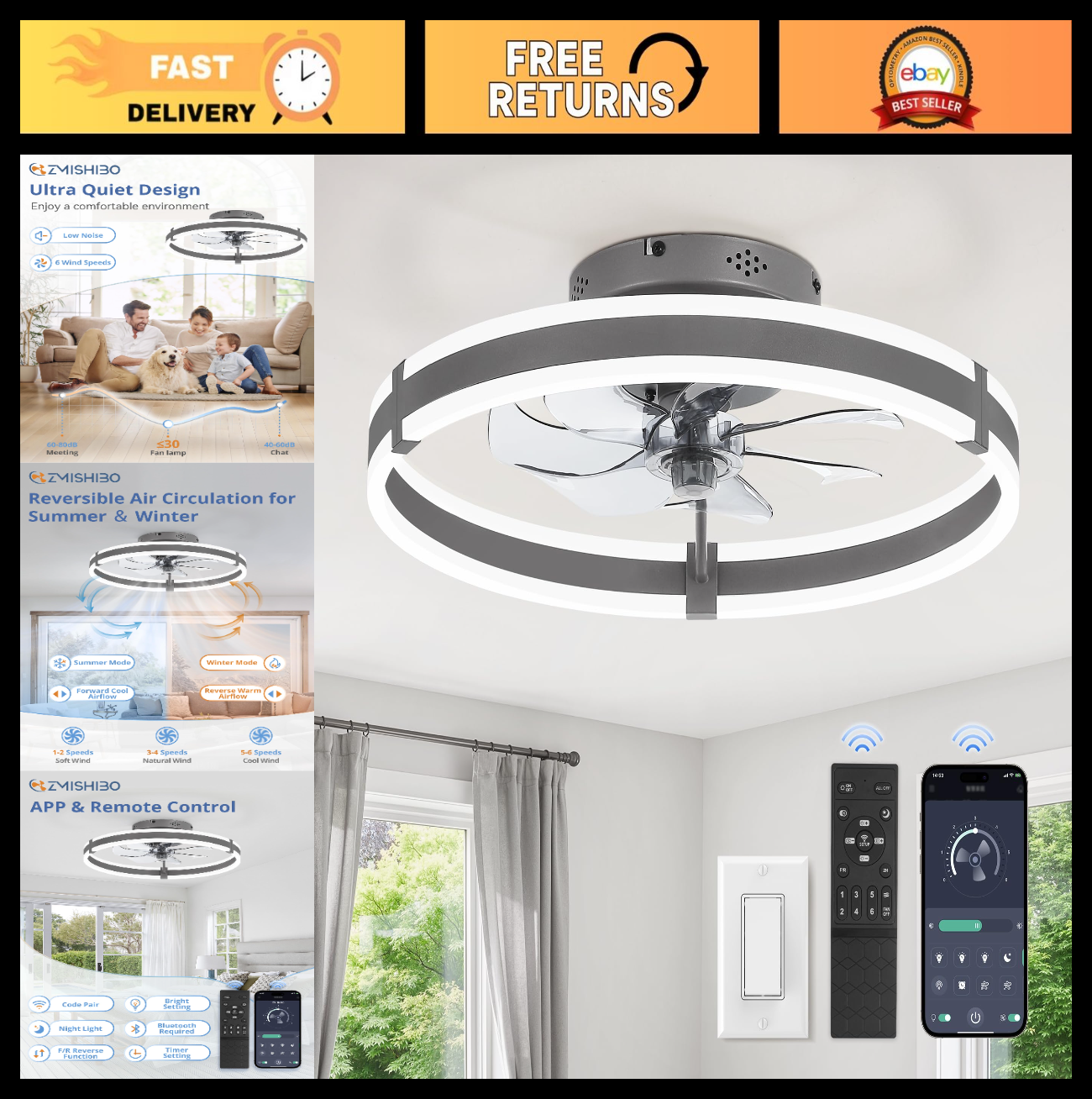 Low Profile 19.7'' Ceiling Fan with Lights & Remote, Dimmable LED, Quiet DC Moto0