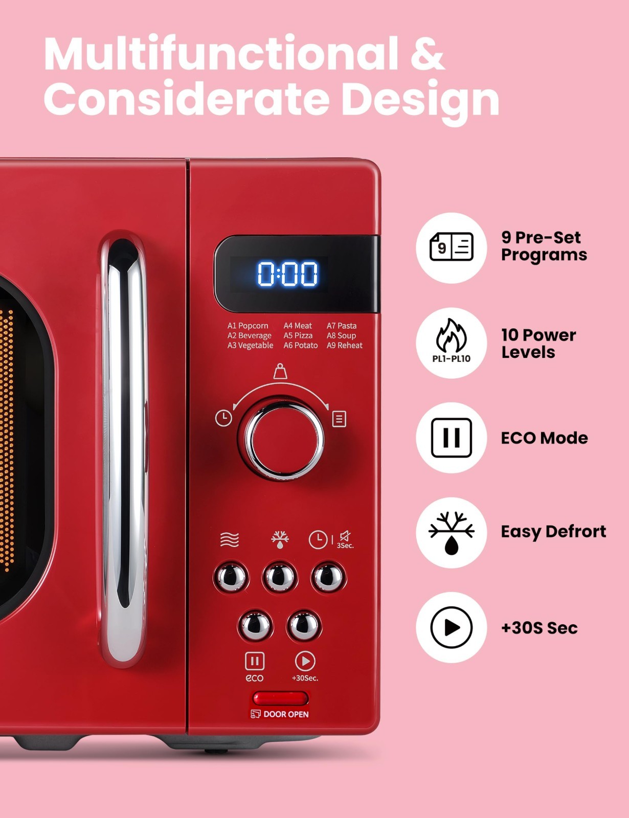 Retro Microwave Oven 0.7 Cu.Ft 700W   Compact, 9 Preset Menus, Stylish Red2