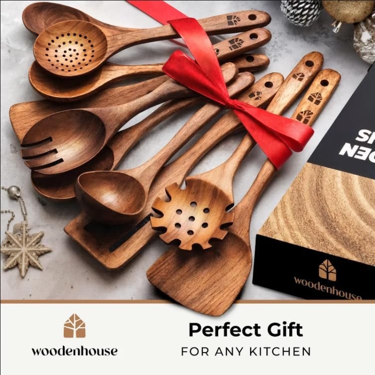 10 Pcs Wooden Cooking Spoons Set   Durable Teak Utensils, Heat Resistant, Food S7