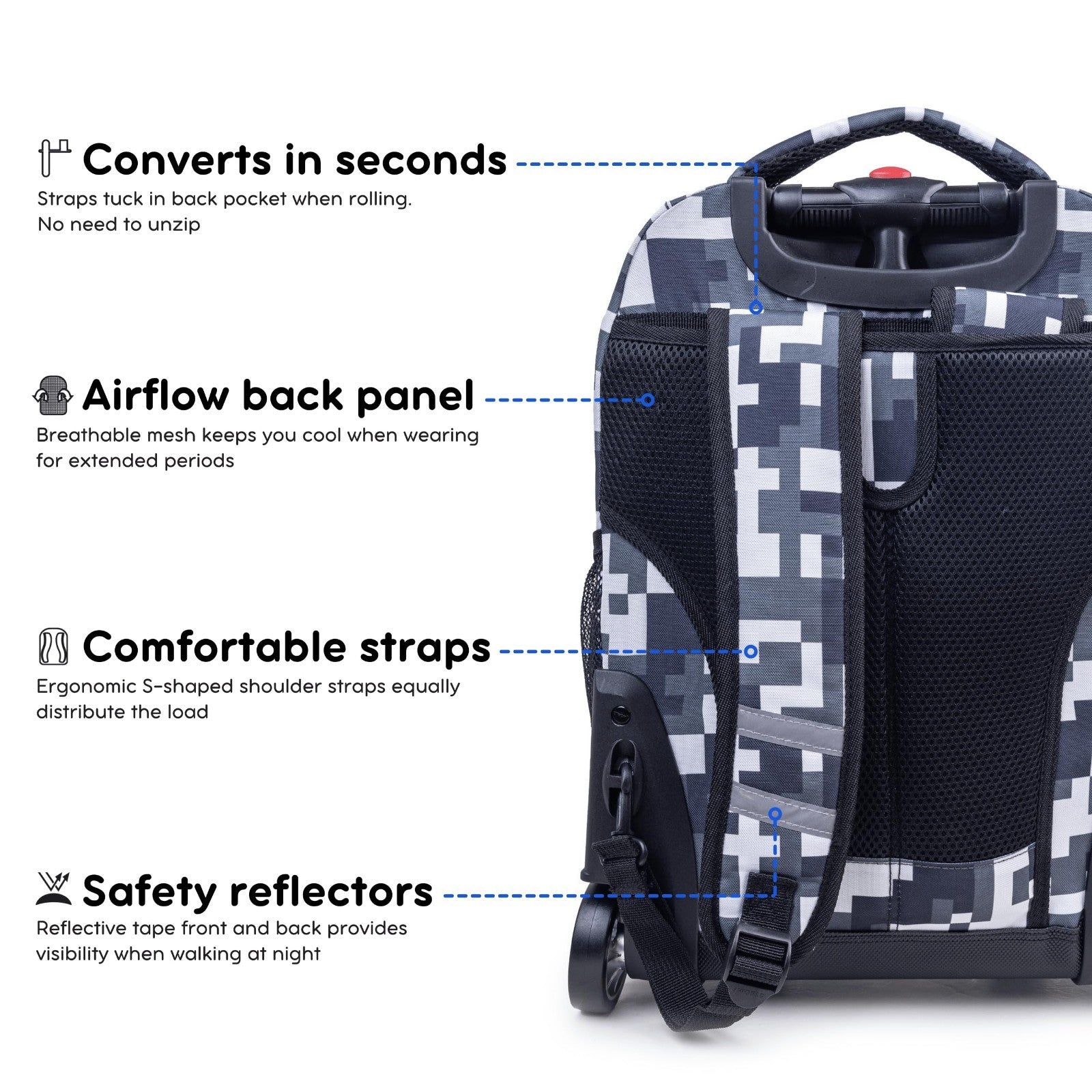 Kids Rolling Backpack with Wheels, Camo Roller Bookbag for School, 18"x13"x95
