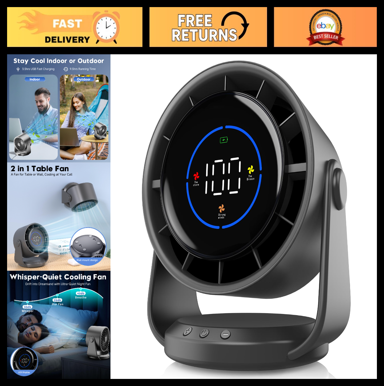 Turbo Desk Fan   100 Speed Digital Display, Low Noise, 105° Tilt, 7.5" Rechargea0
