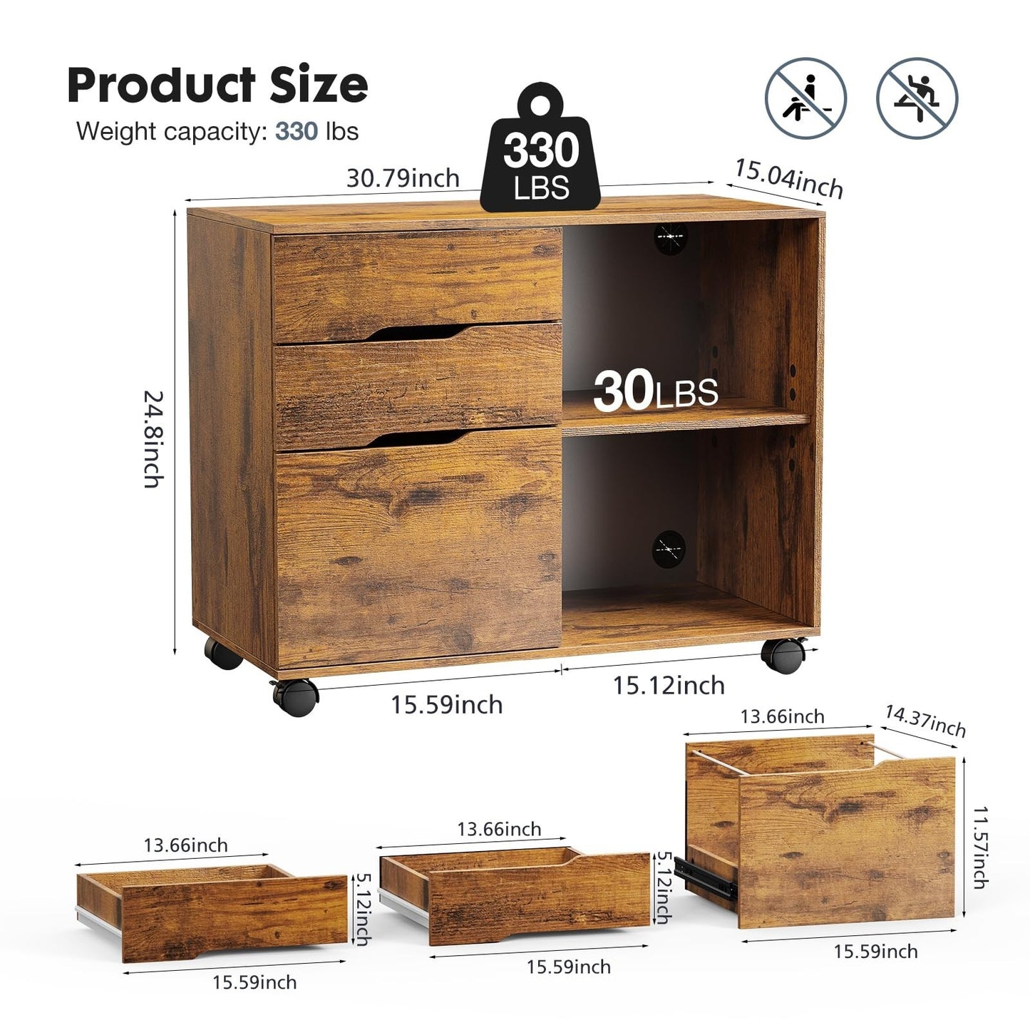 Wood File Cabinet with 3 Drawers, Rolling Printer Stand, Under Desk Storage Orga2