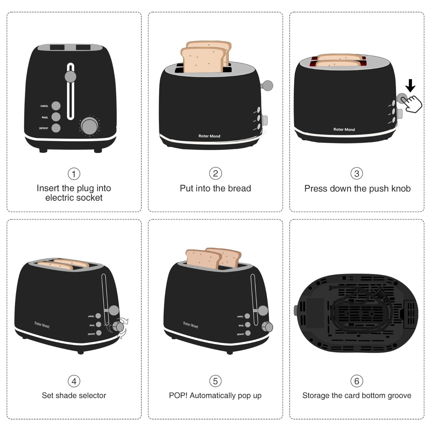 Retro Stainless Steel 2 Slice Toaster with Bagel, Defrost, 6 Shade Settings, Bla6