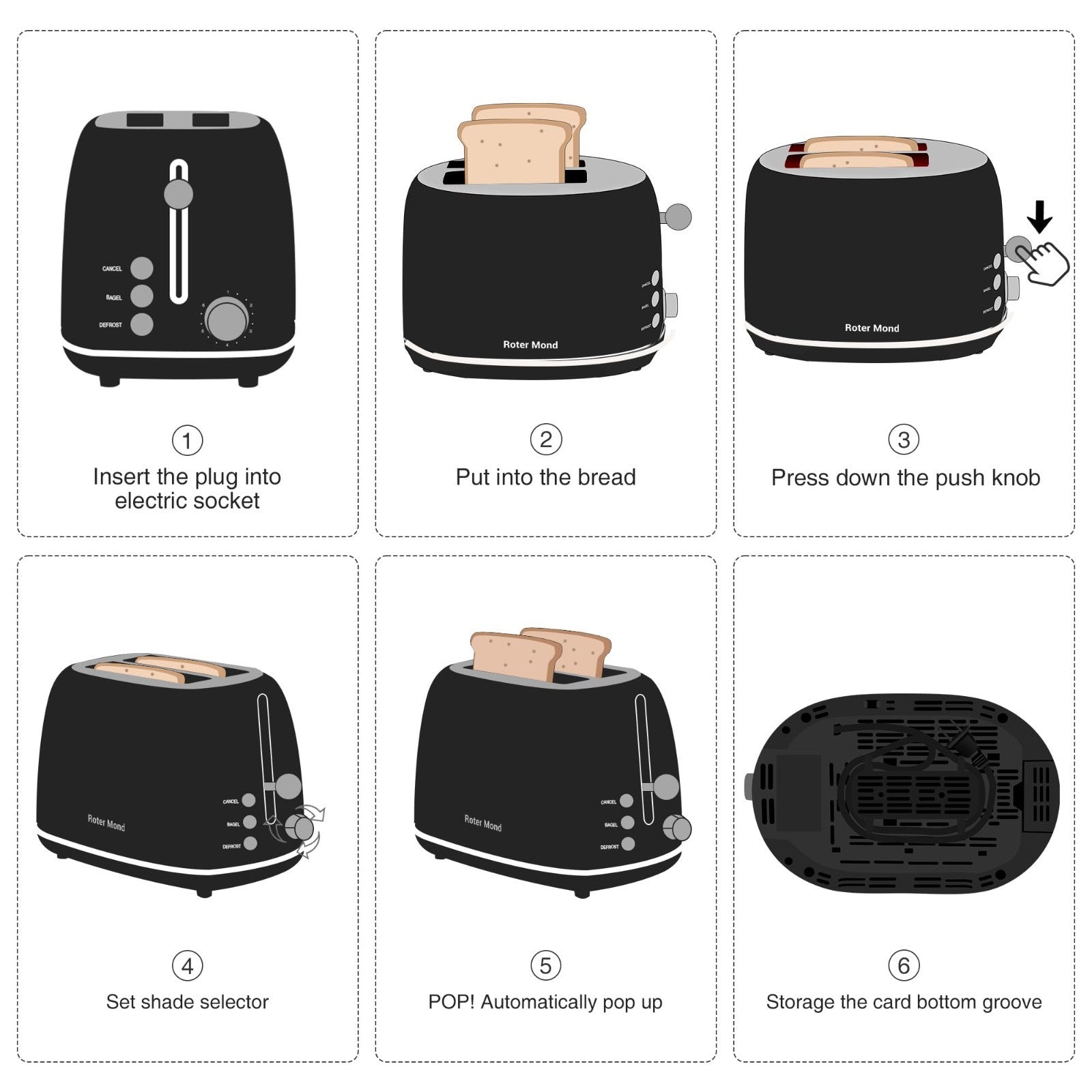 Retro Stainless Steel 2 Slice Toaster with Bagel, Defrost, 6 Shade Settings, Bla6