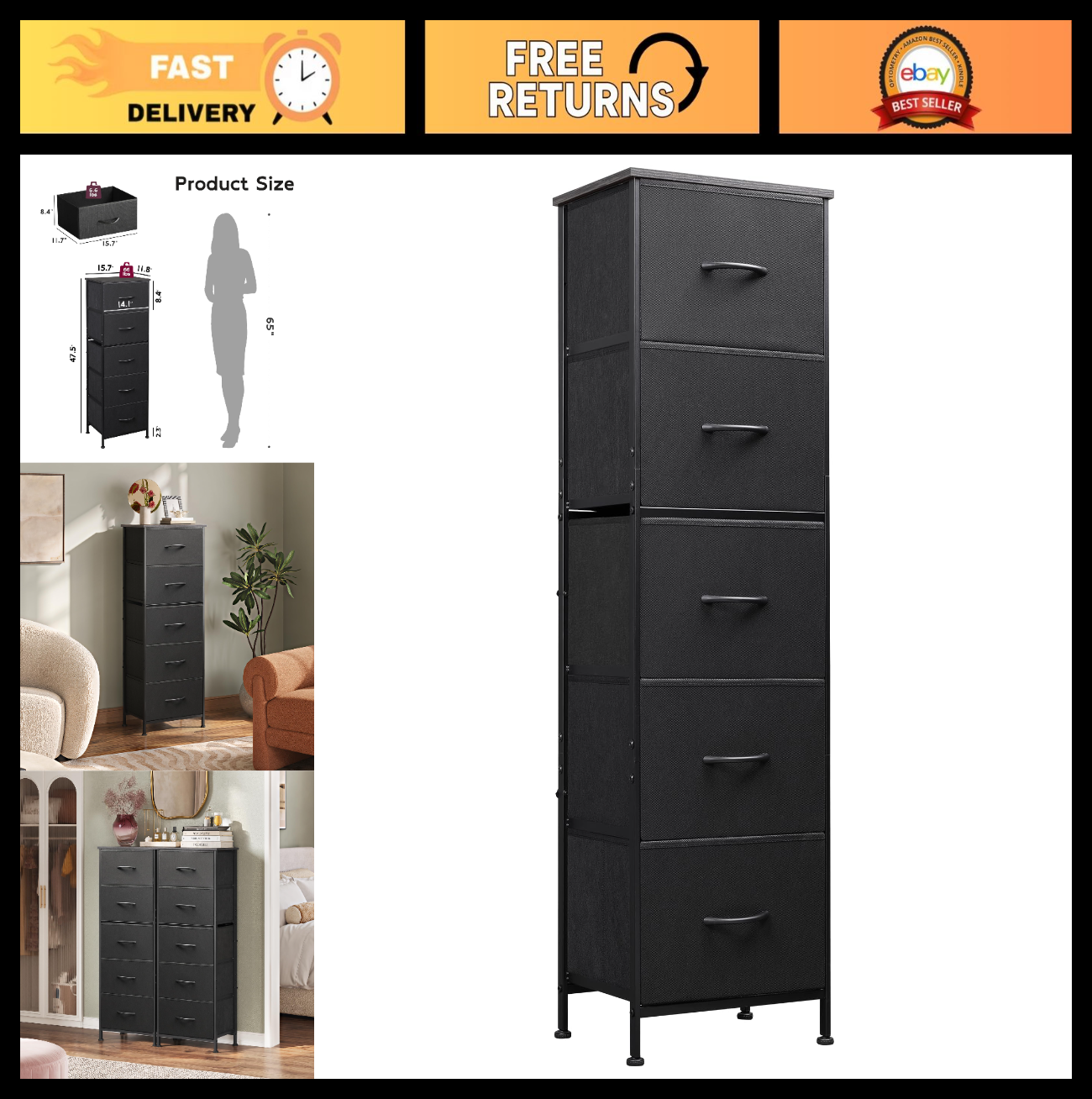Tall Dresser for Bedroom - 5 Drawer Vertical Fabric Chest, Charcoal Black, Space0
