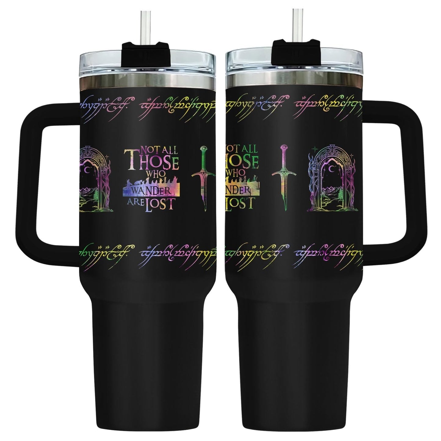 40oz Insulated Travel Mug with Handle & Straw   Fantasy Wanderer Tumbler, Bookis1