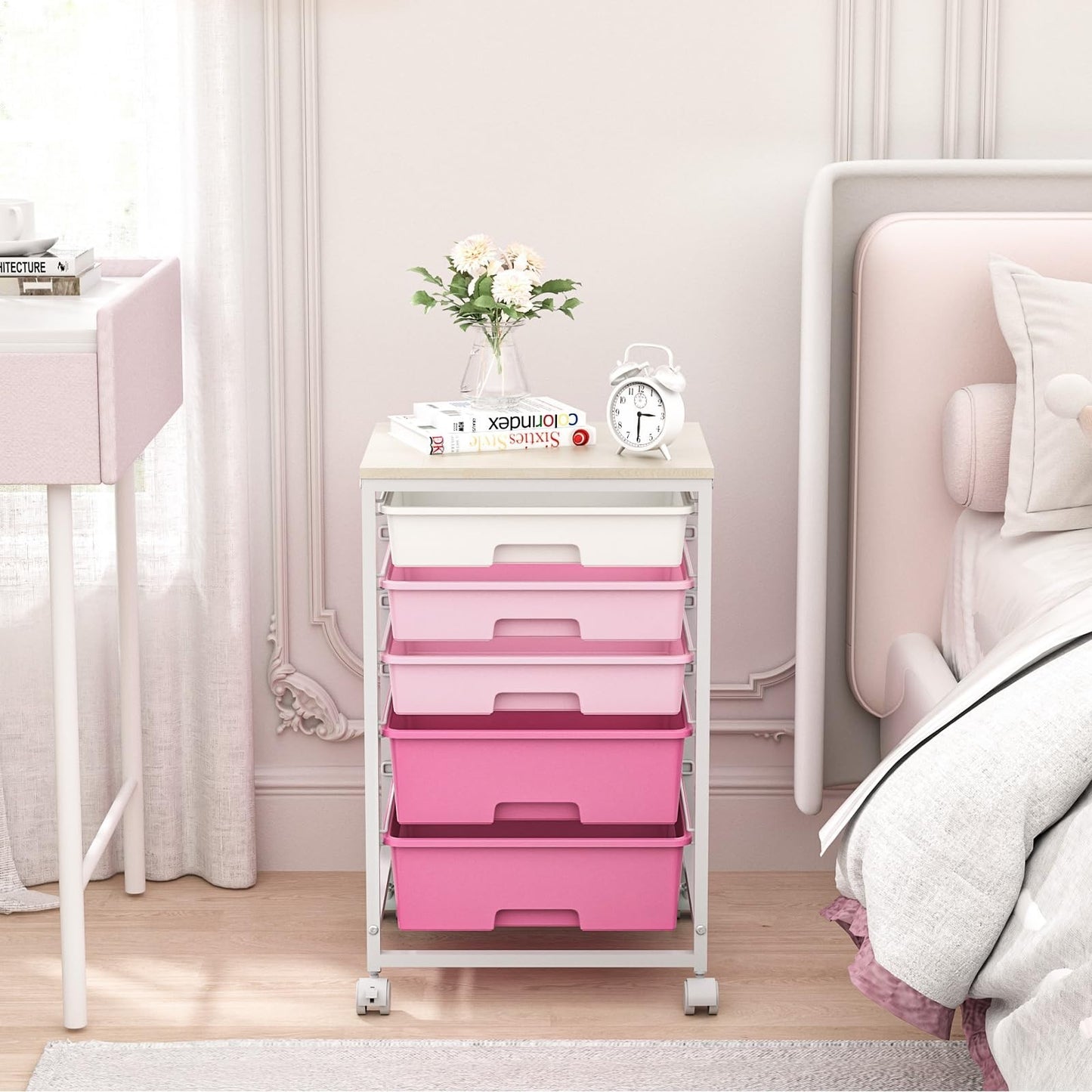 5 Drawer Utility Cart with Wooden Top, Rolling Craft Trolley, Lockable Wheels, P2