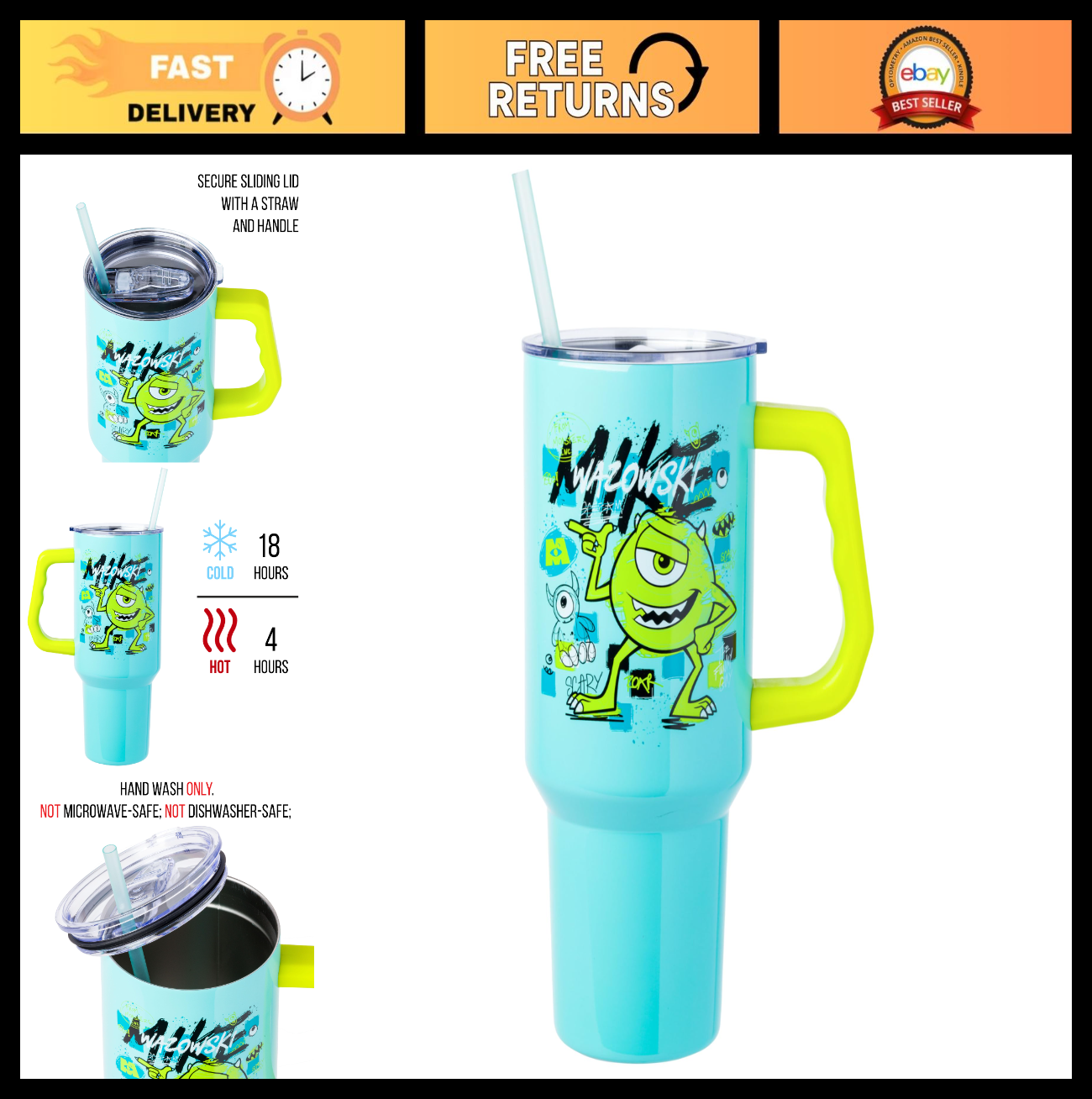 40oz Double Walled Stainless Steel Tumbler with Handle   Mike Wazowski Design, F0