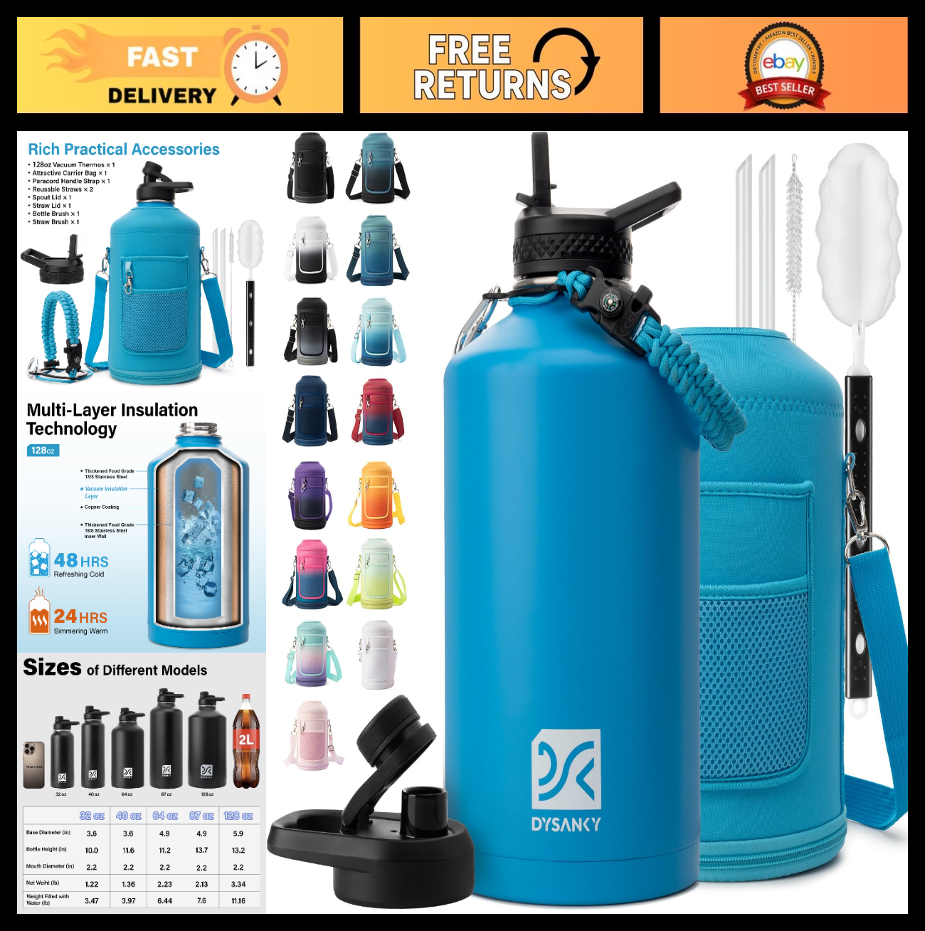 Optimized eBay Title:  "1 Gallon Insulated Water Bottle - Thick Stainless Steel0